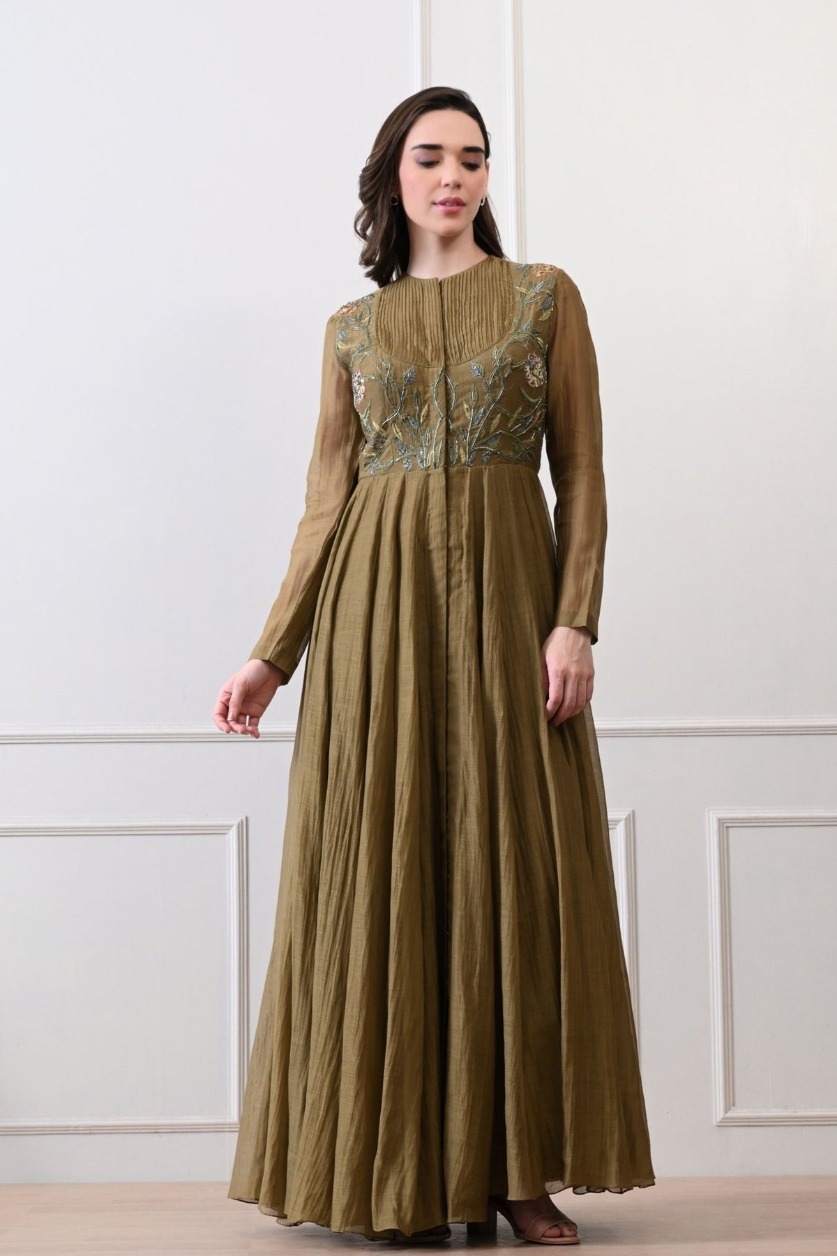 Olive Silk Embroidered Anarkali
