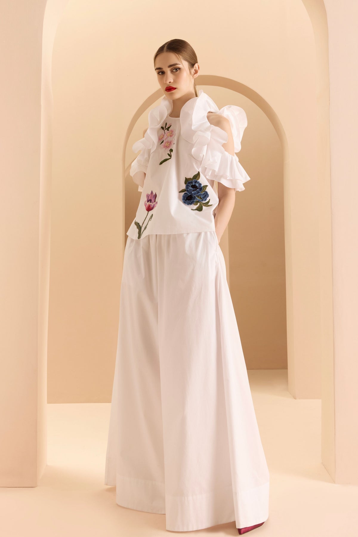 White Ruffle Top With Pants