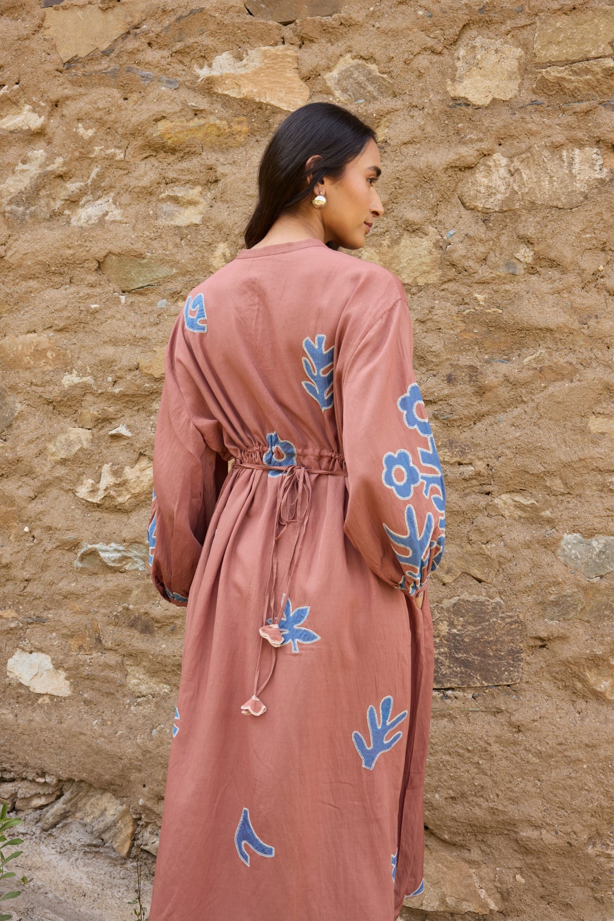 Brown Waist Tie Hand Appliqué Dress