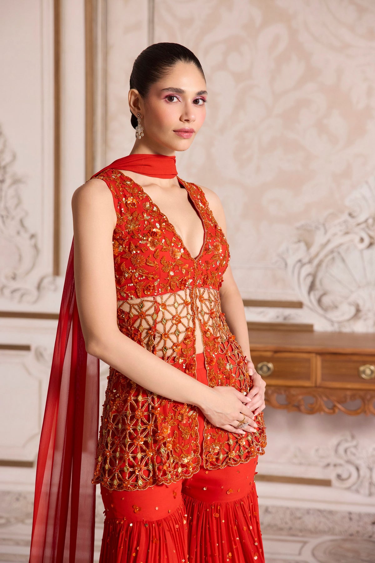 Rust Cut Work Sharara Set