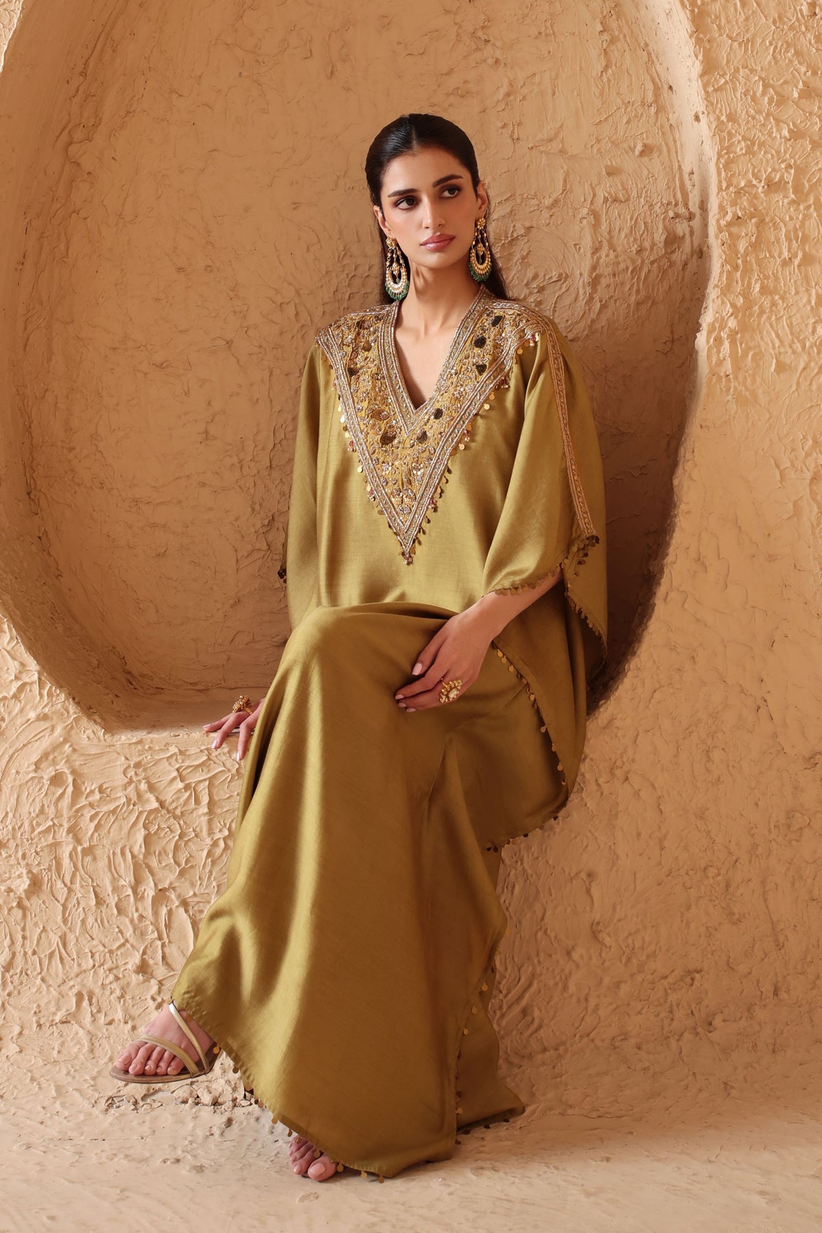 Olive Green V Neck Kaftan Set