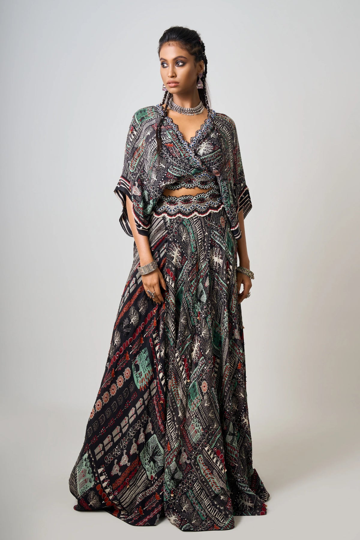 Black Printed Embroidered Lehenga Set