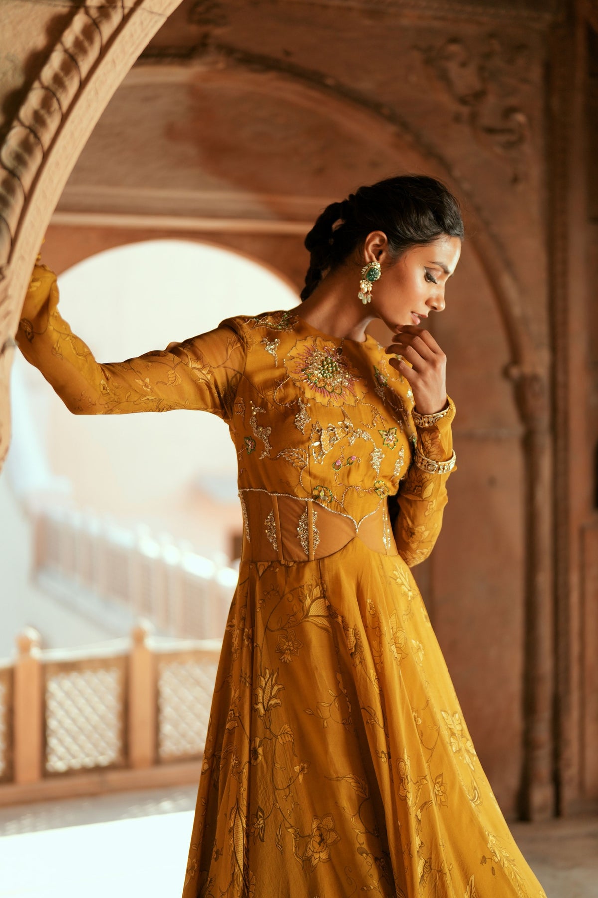 Golden Floral Organza Anarkali Set