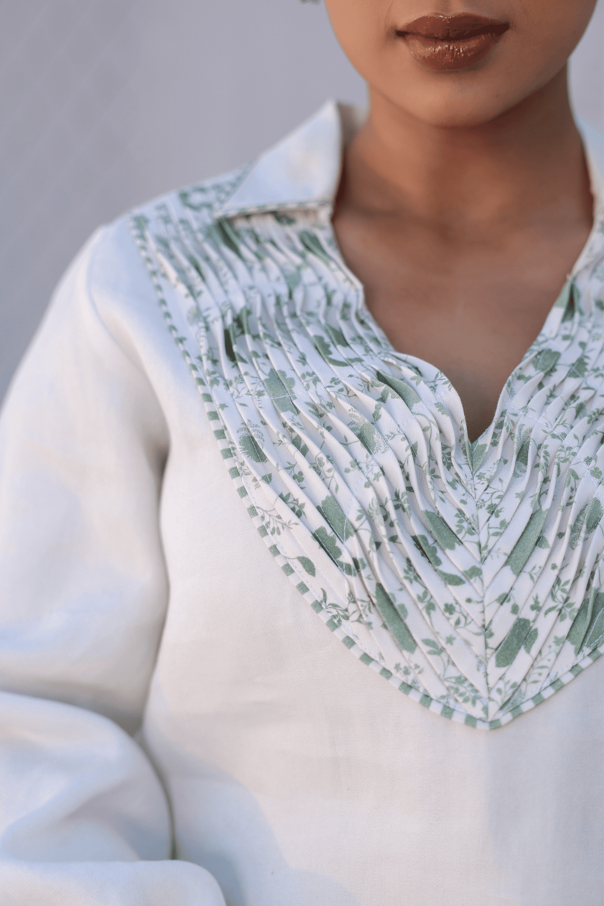 Azure Pintuck V Neck Top in White