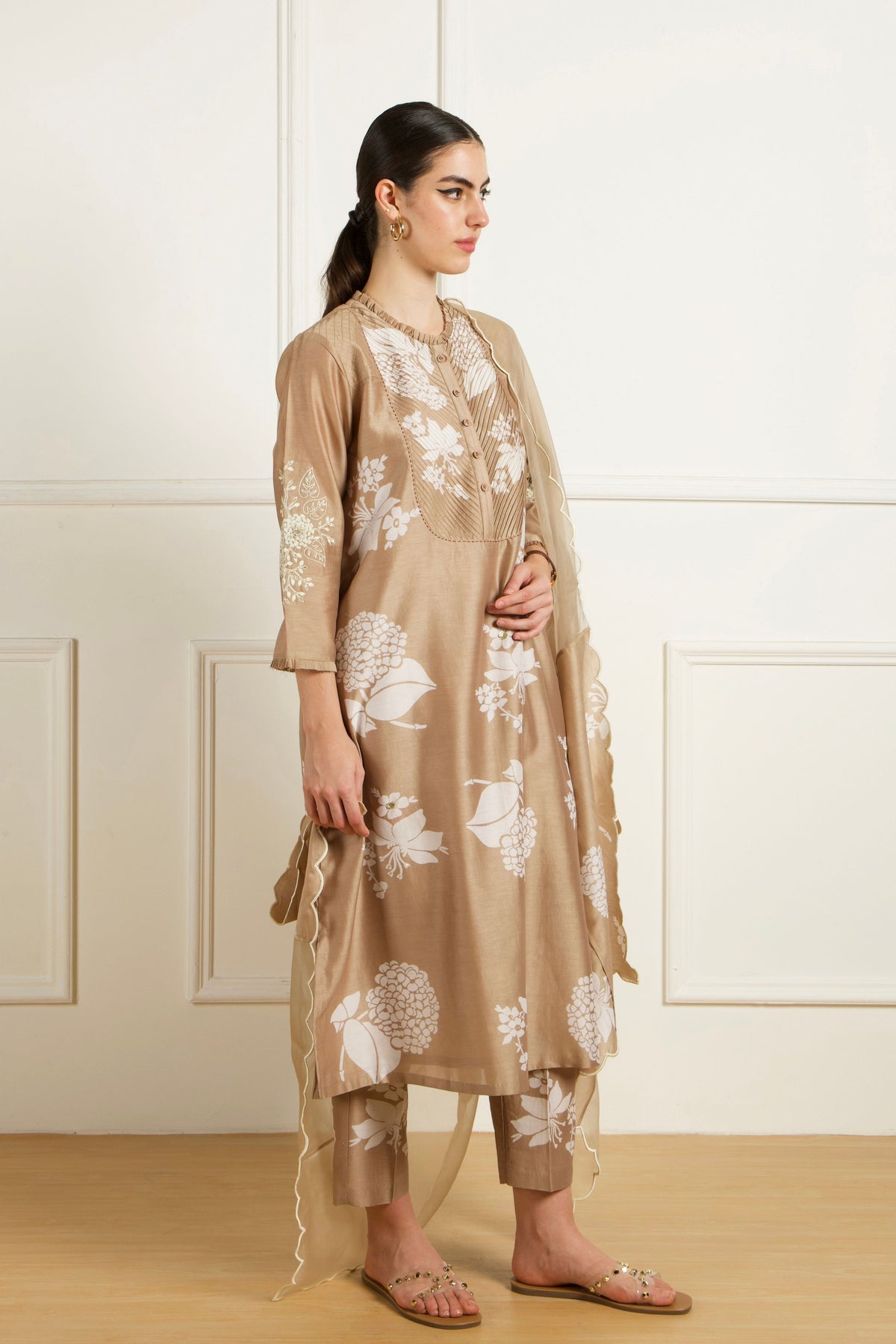 Beige Pleated Yoke Kurta Set