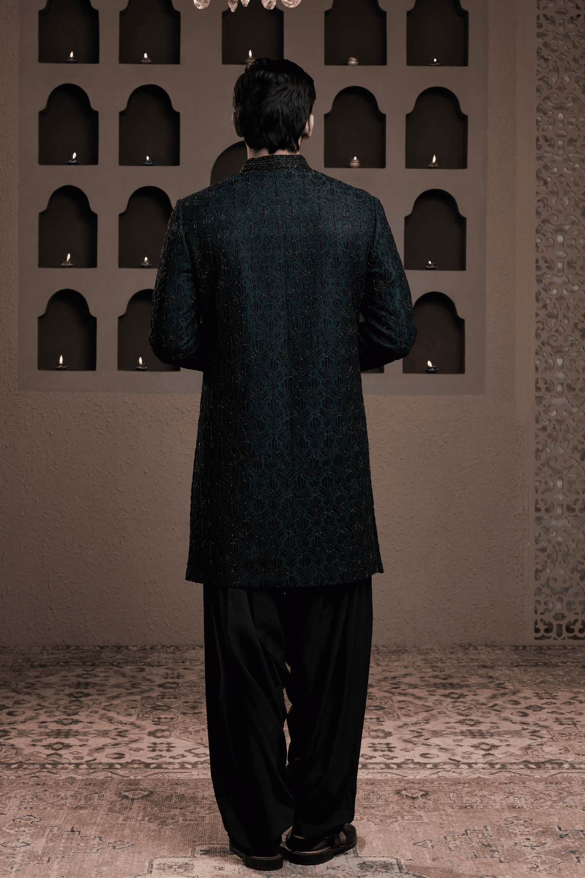 Green Achkan Black Embriodered Kurta Set