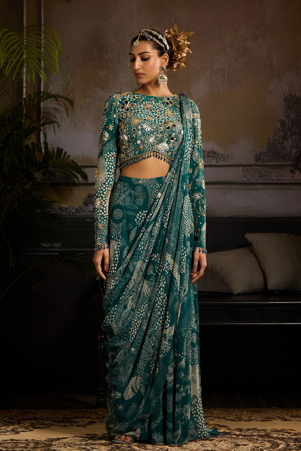 Teal Printed Pant Saree Set