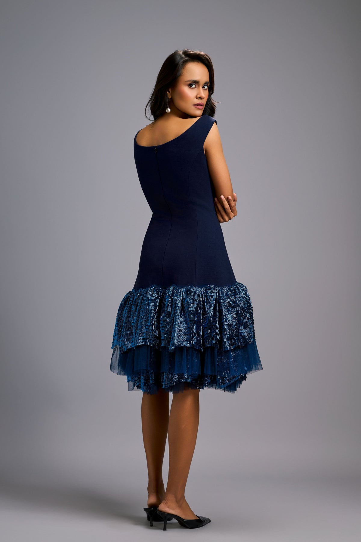 Off-Shoulder Navy Shimmer Dress