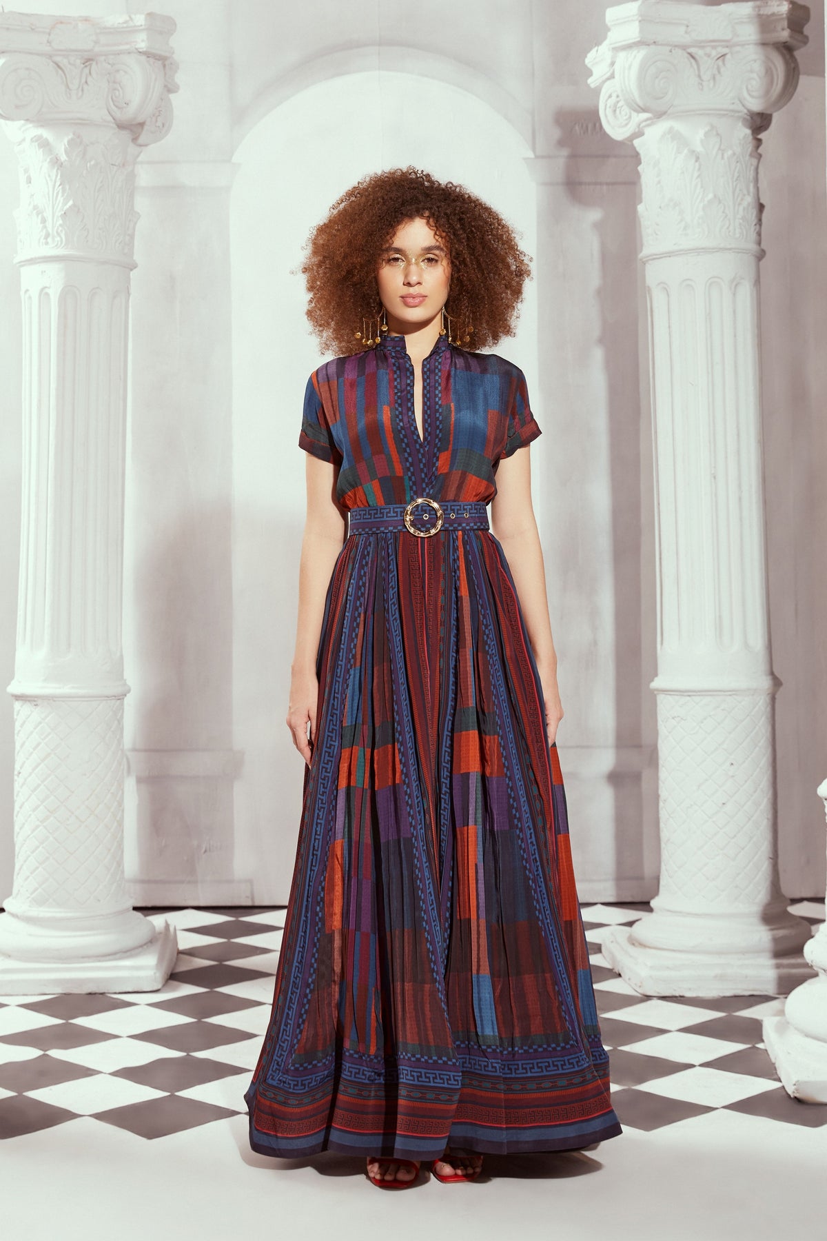 Tangerine Tile Print Long Dress With  Belt