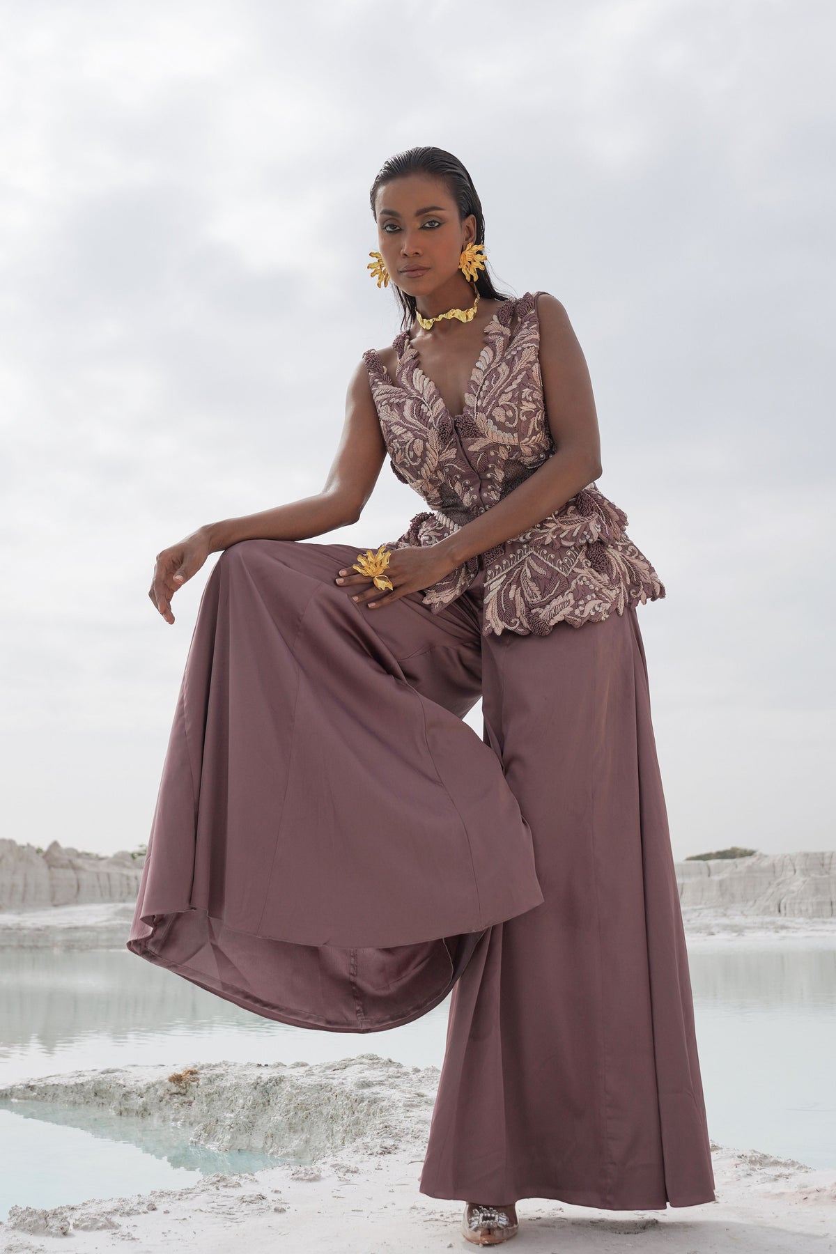 Pastel Purple Embroidered Palazzo Set