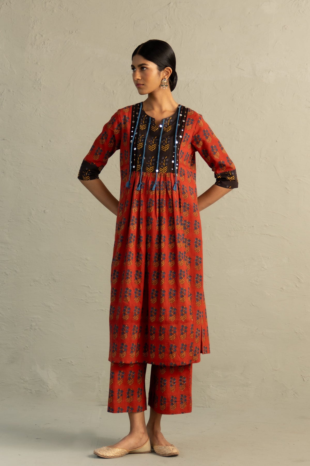 Red Hand Block Kurta Set