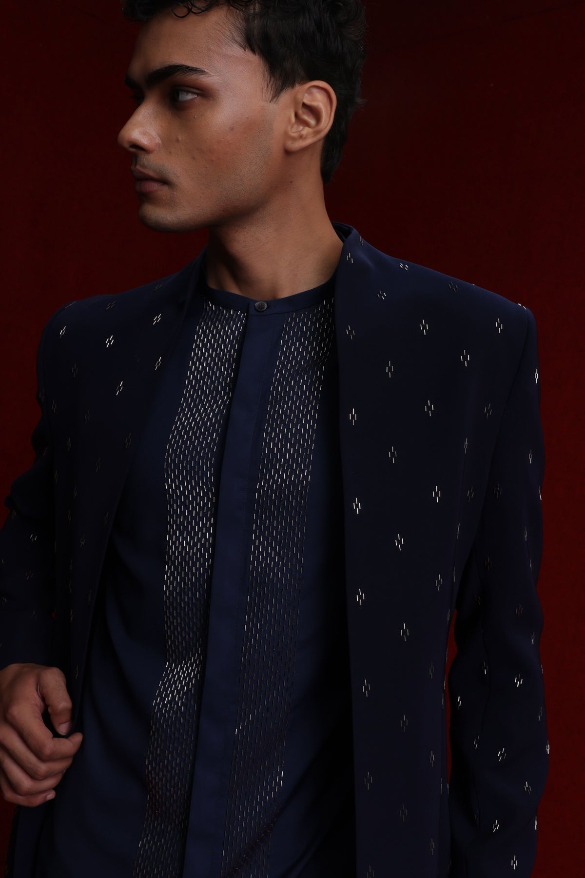 Navy Blue Open Style Indowestern Set