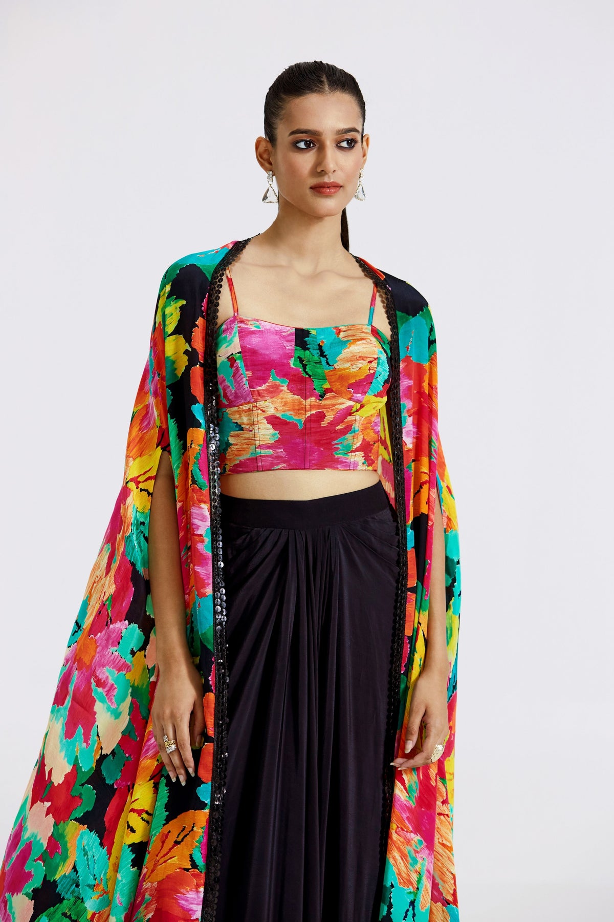 Multi-colour Skirt Set With Cape