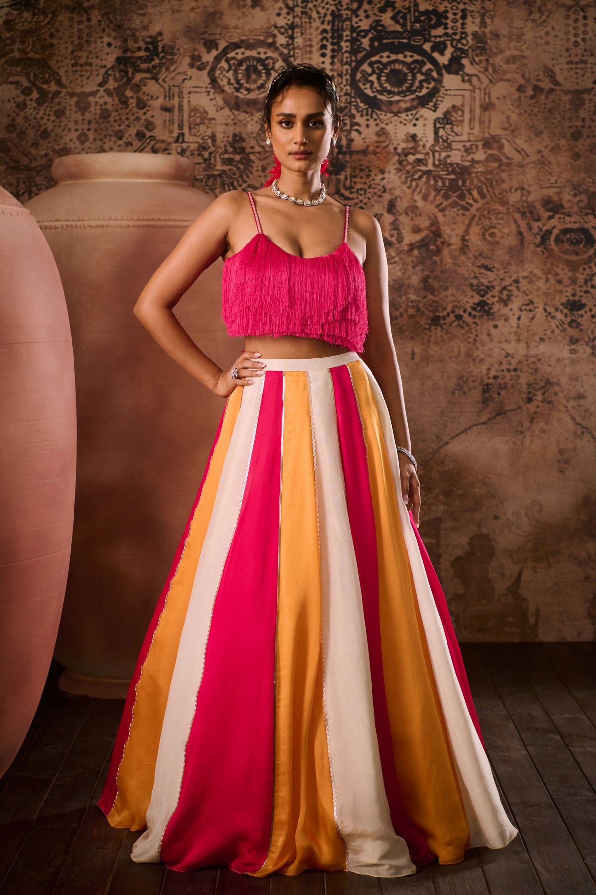Hot Pink Top With Multicoloured Skirt