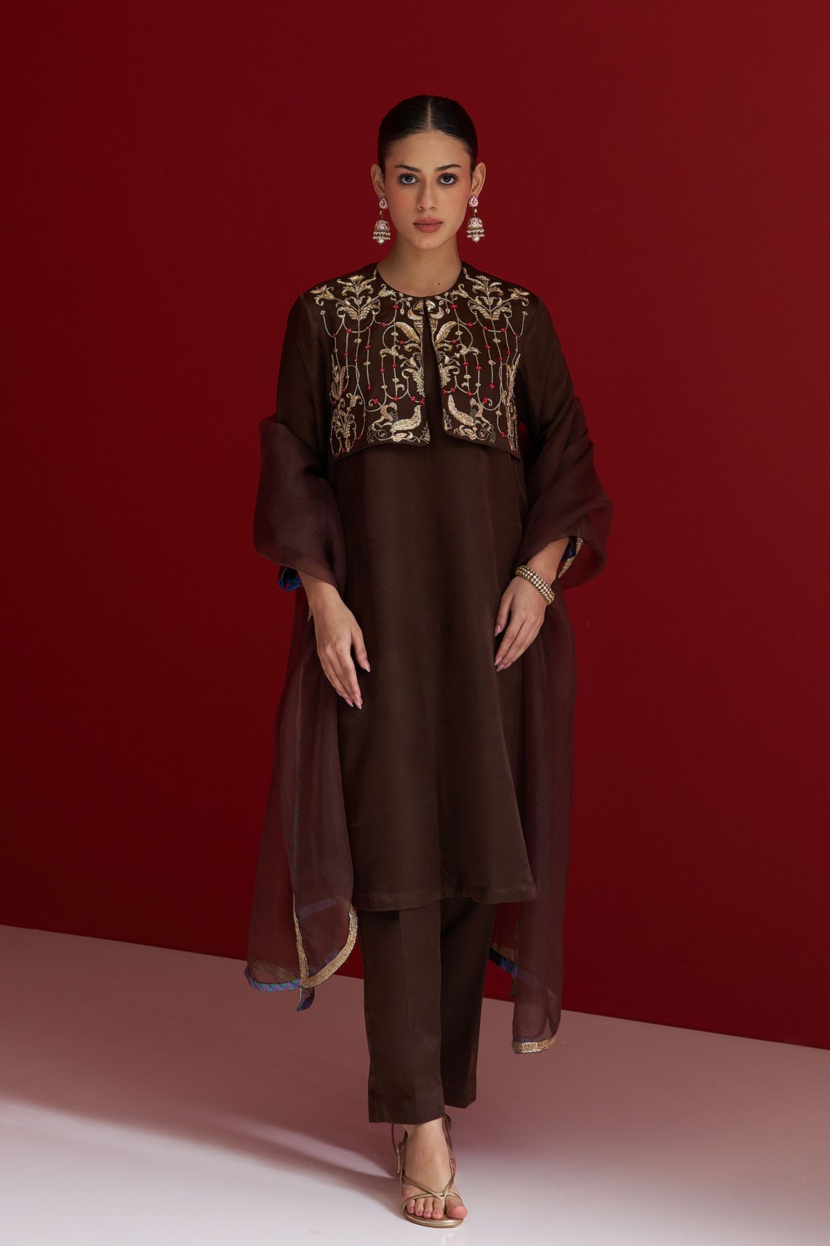 Brown Embroidered Border Dupatta