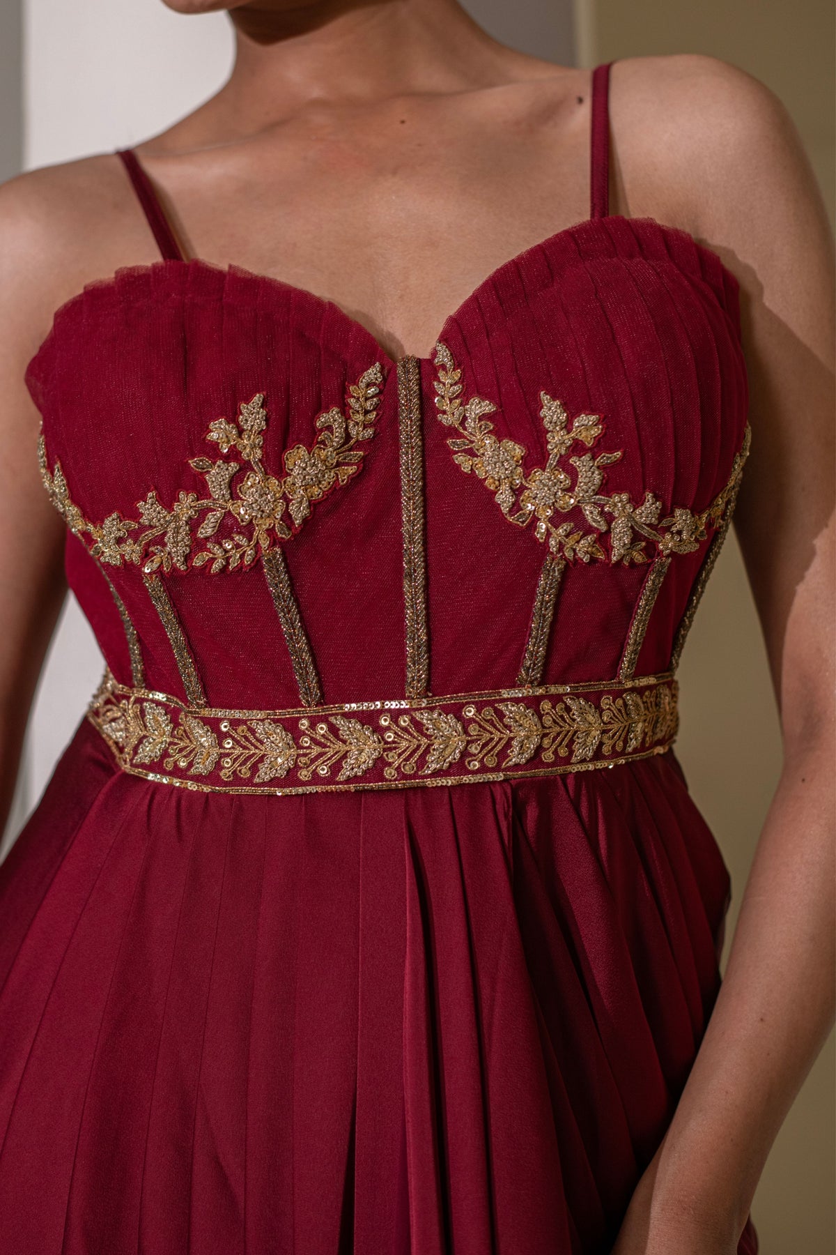 Maroon  Pre-Draped Saree Dress
