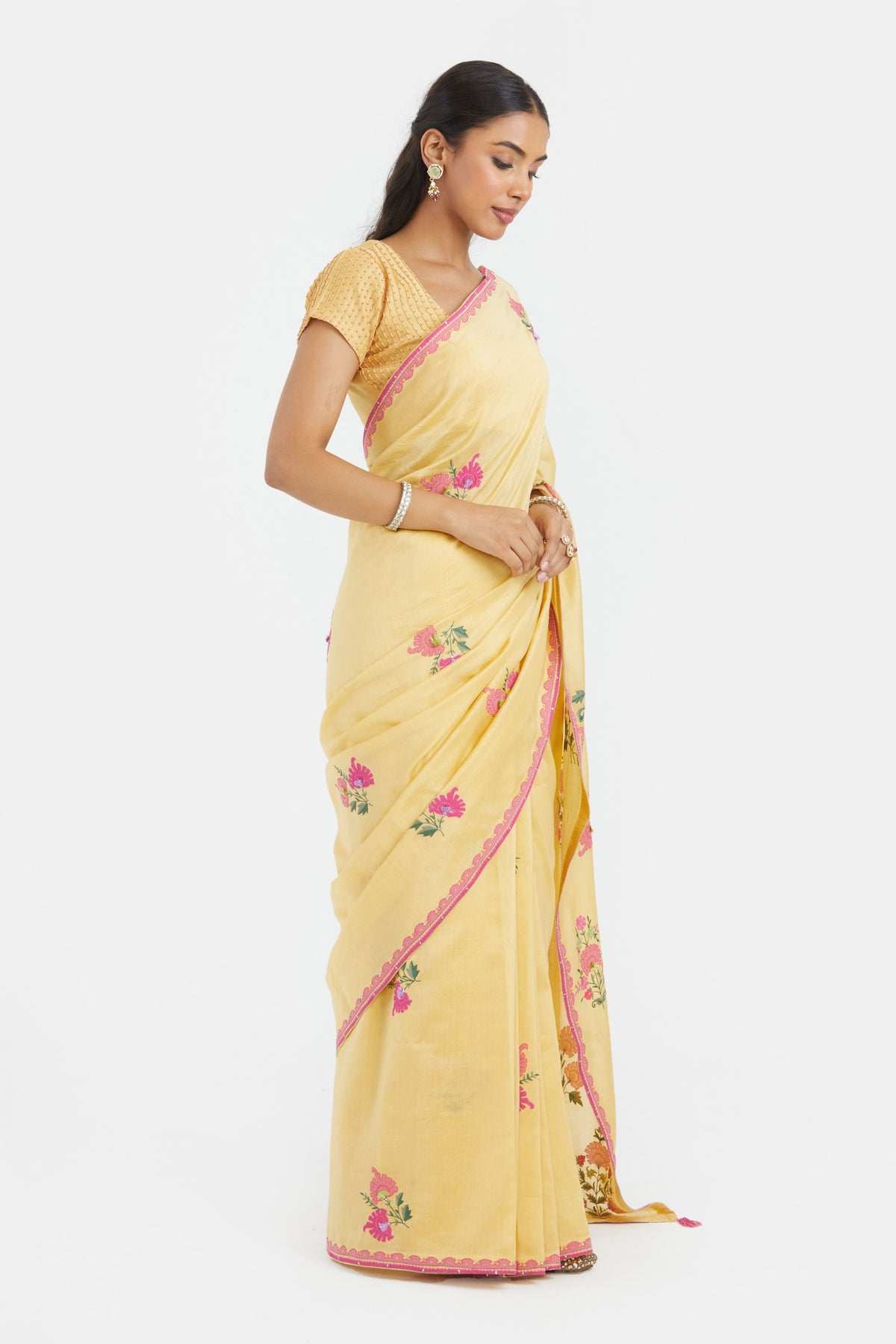 Yellow Silk Chanderi Saree Set