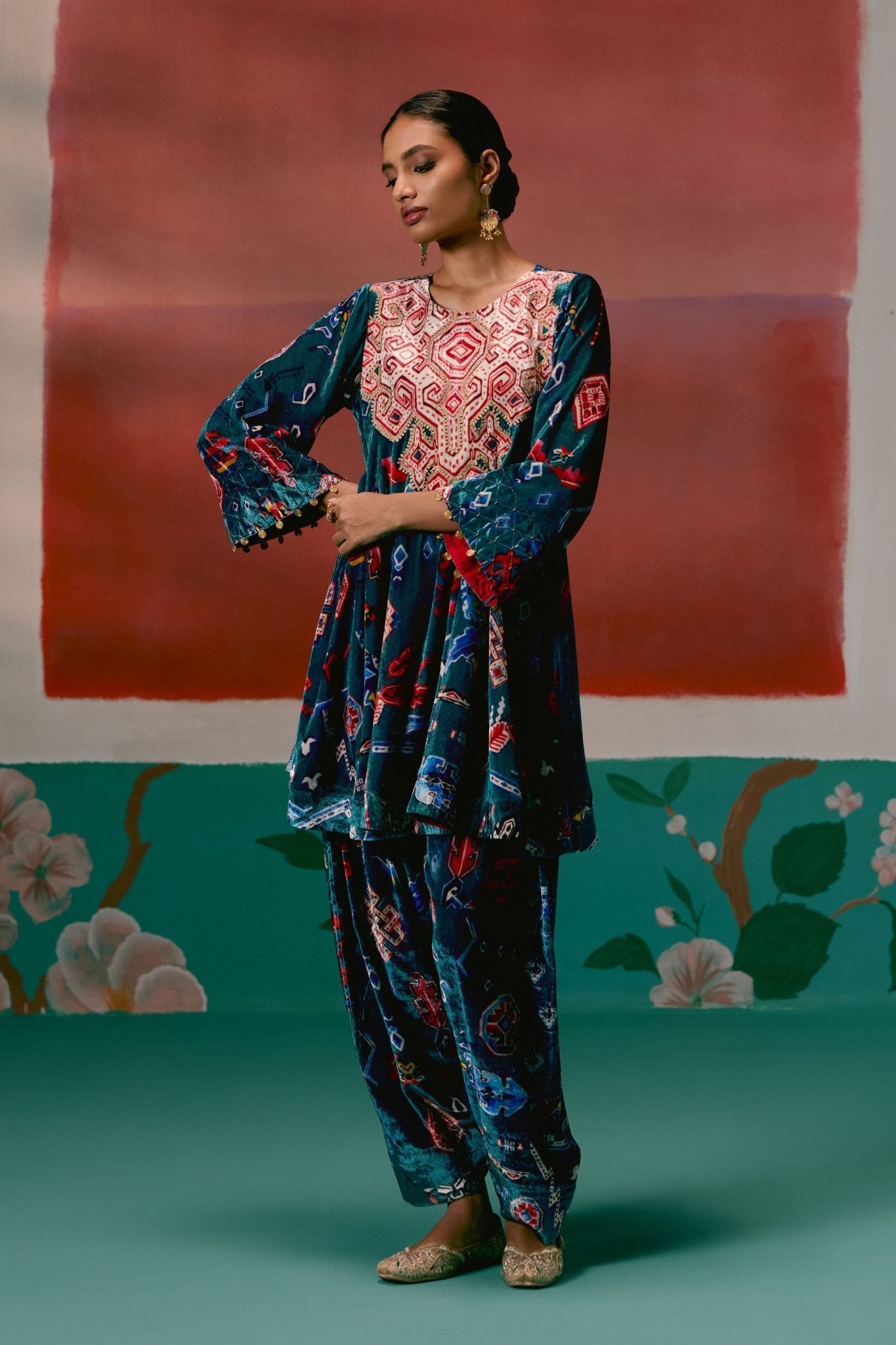 Teal Aztec Velvet Tunic Set - Label Mogra - Elahe