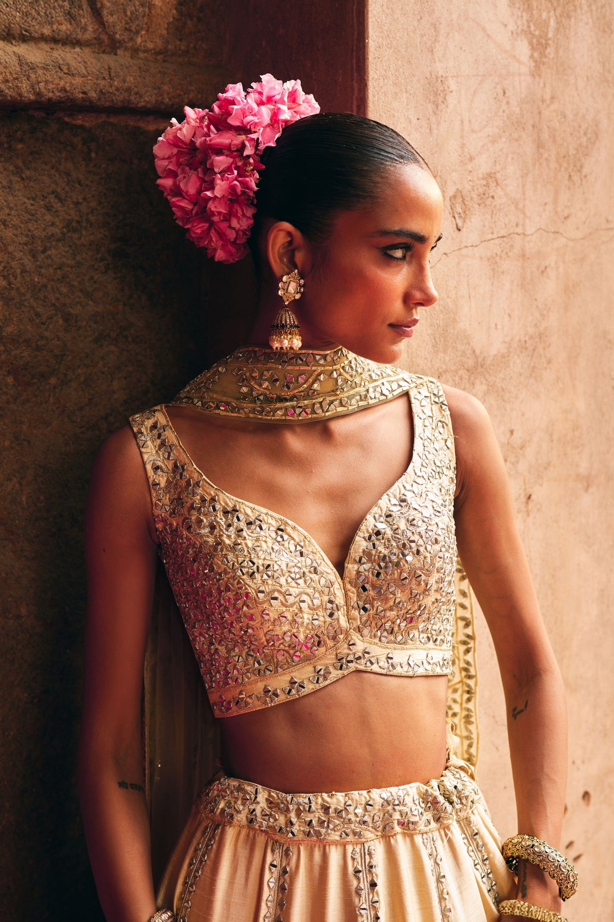 Champagne Gold Raw Silk Lehenga Set
