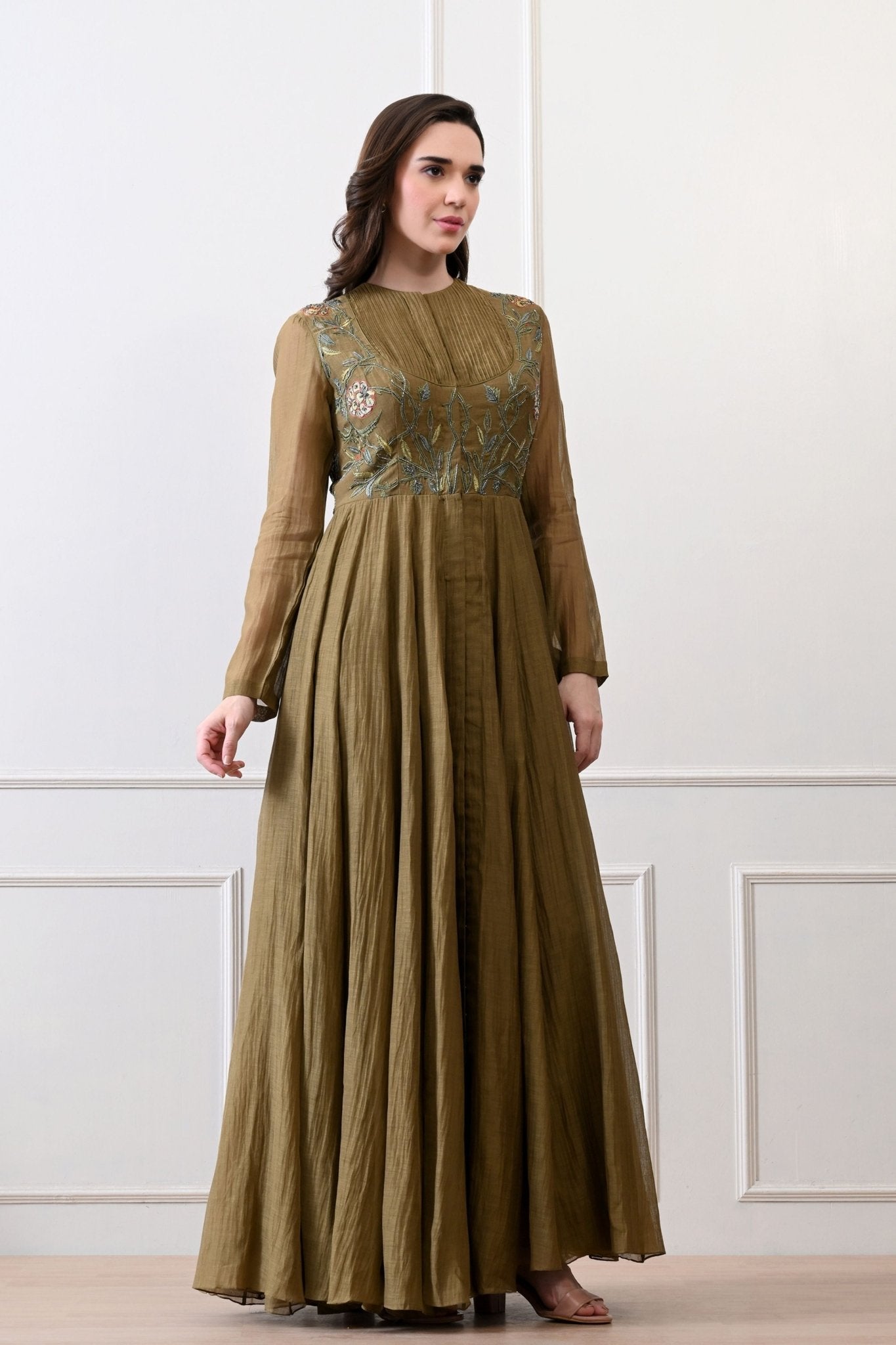 Olive Silk Embroidered Anarkali - Samant Chauhan - Elahe