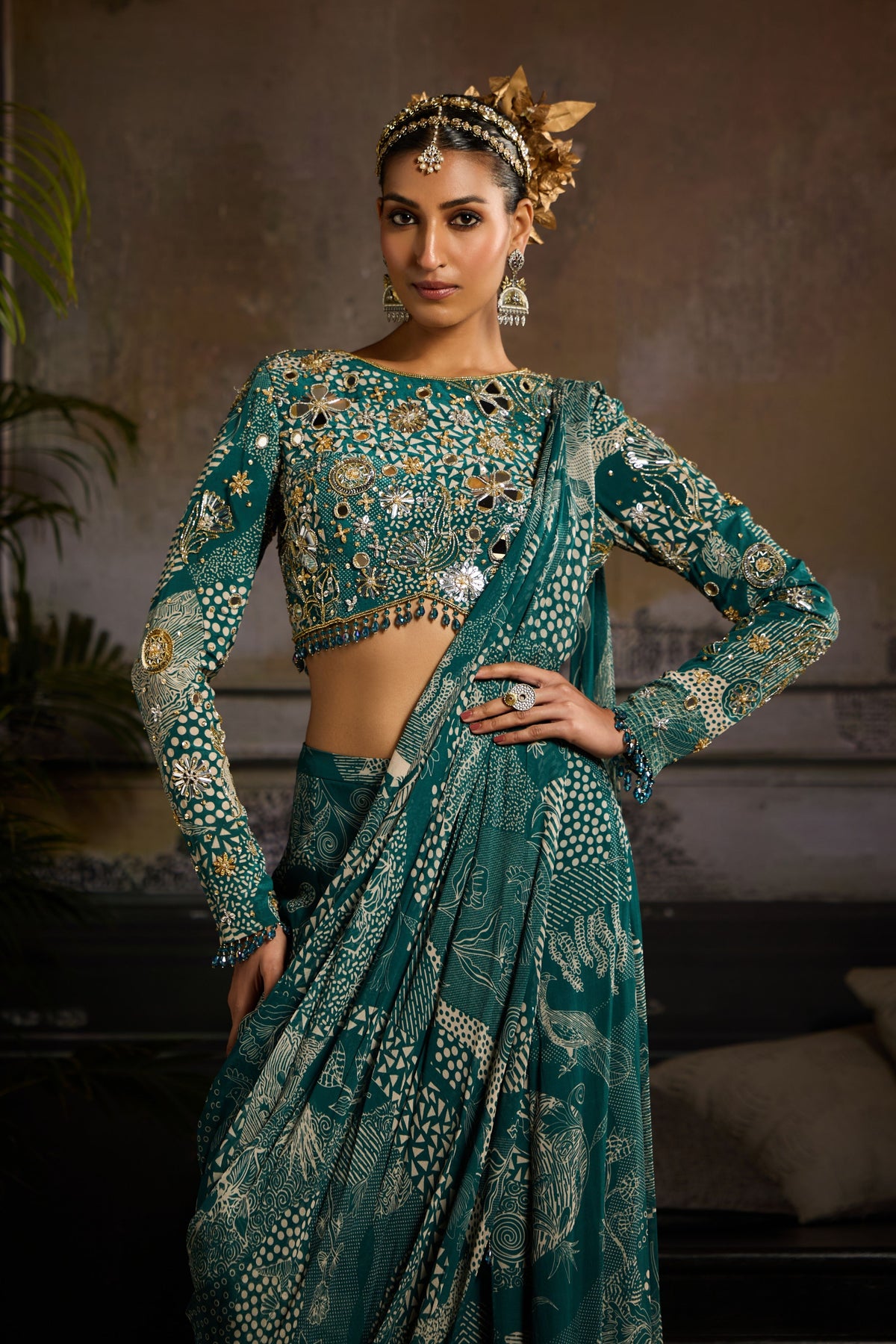 Teal Printed Pant Saree Set