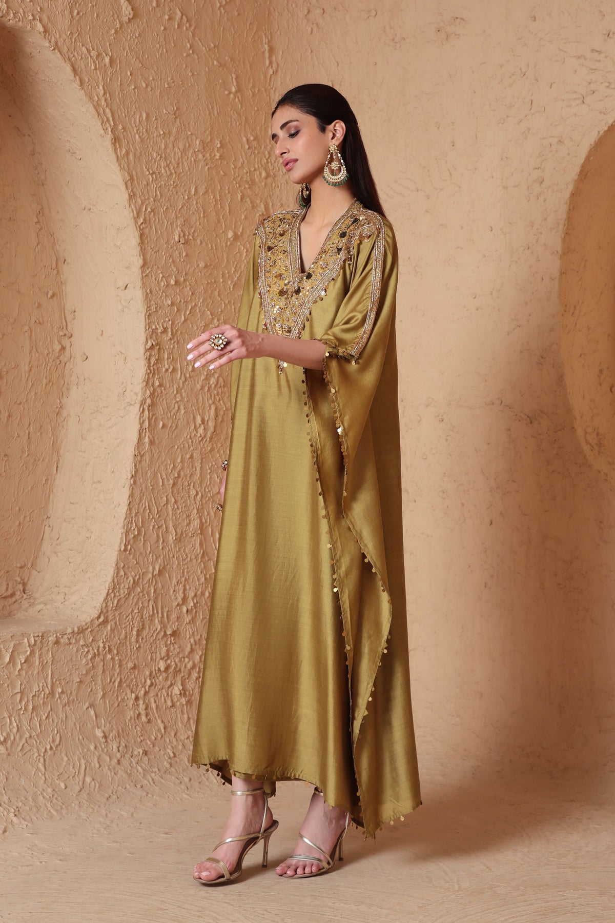 Olive Green V Neck Kaftan Set