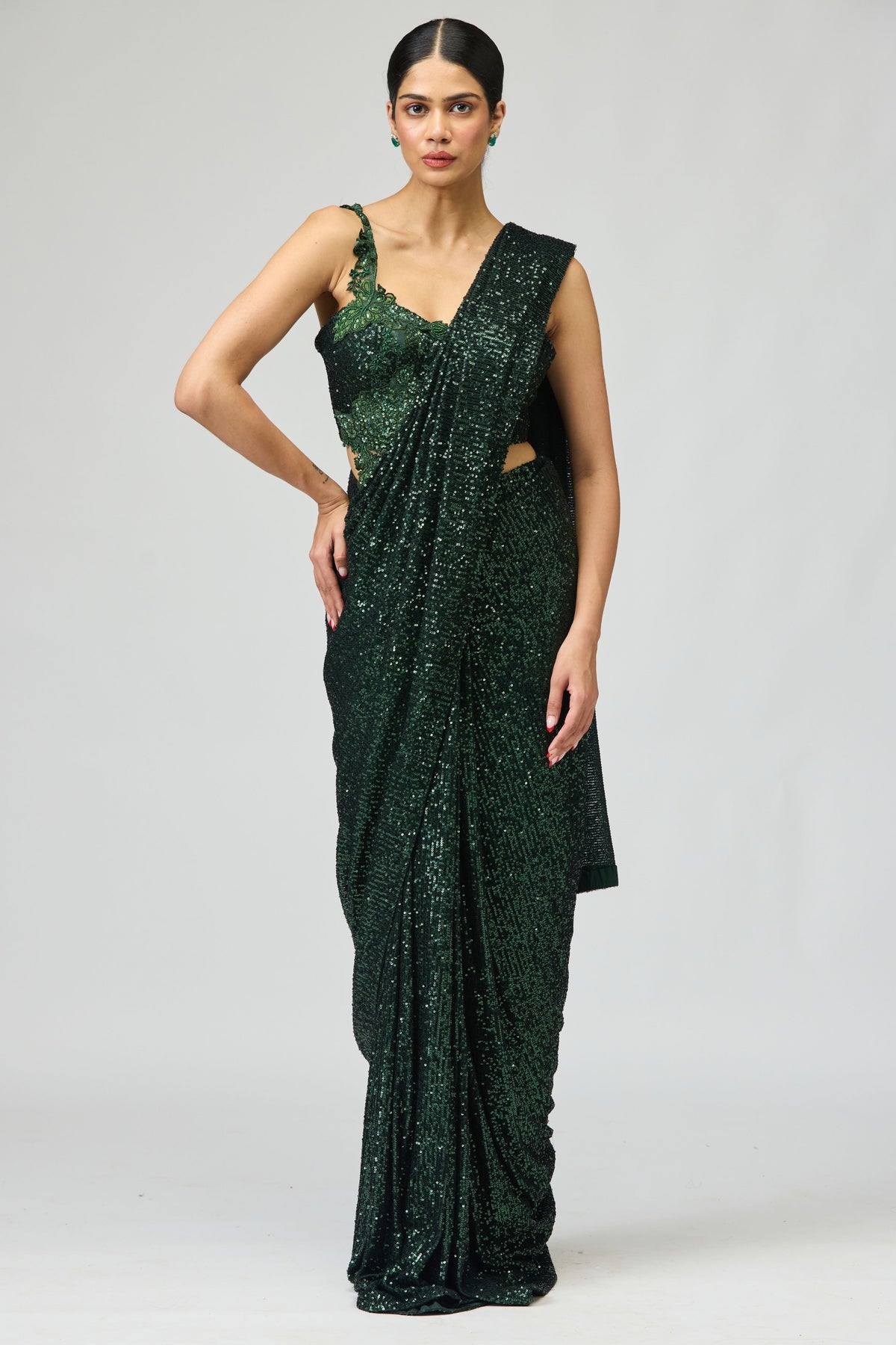 Dark Green Sequin Saree Set