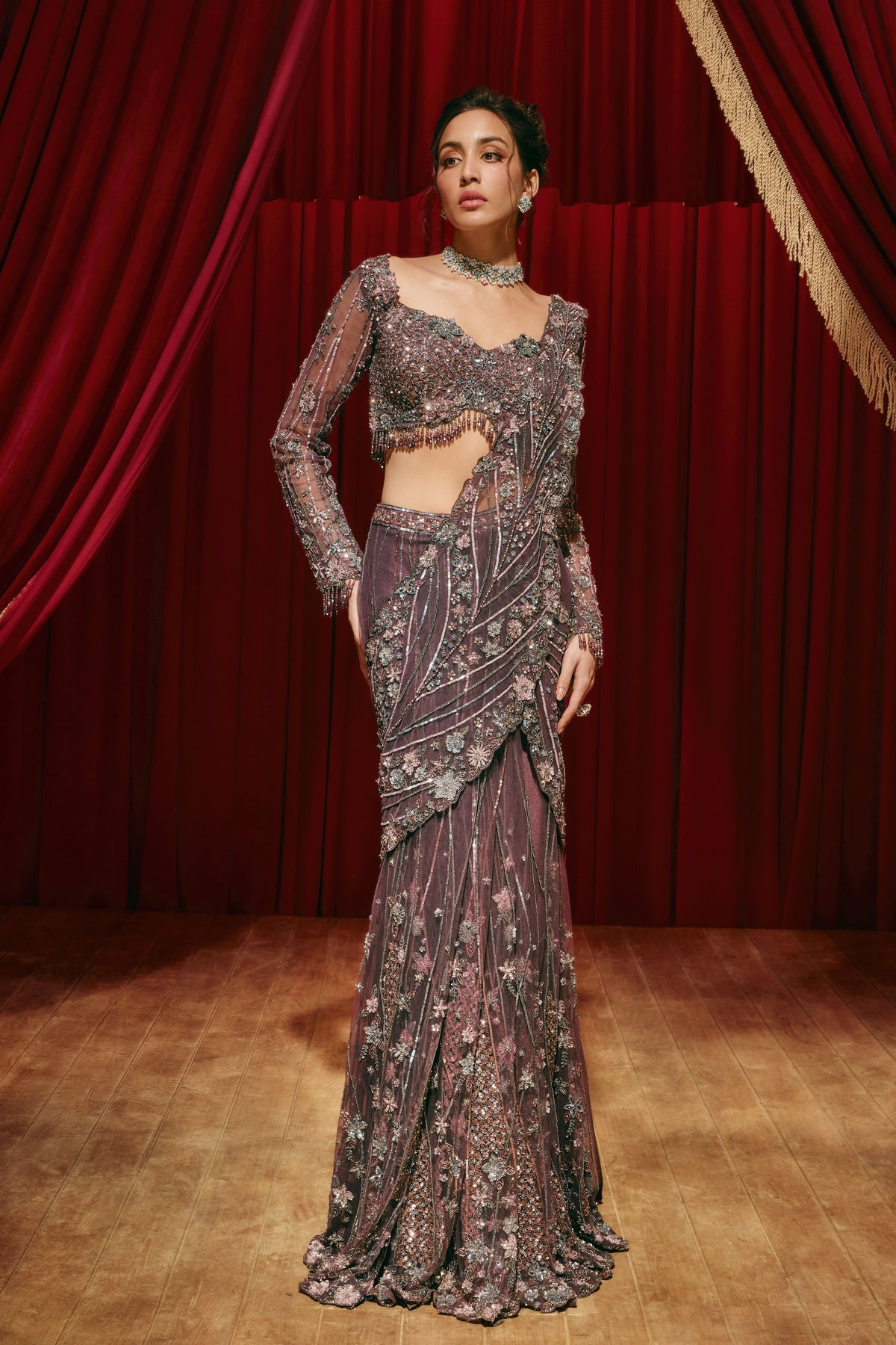 Violet Purple Draped Saree Set