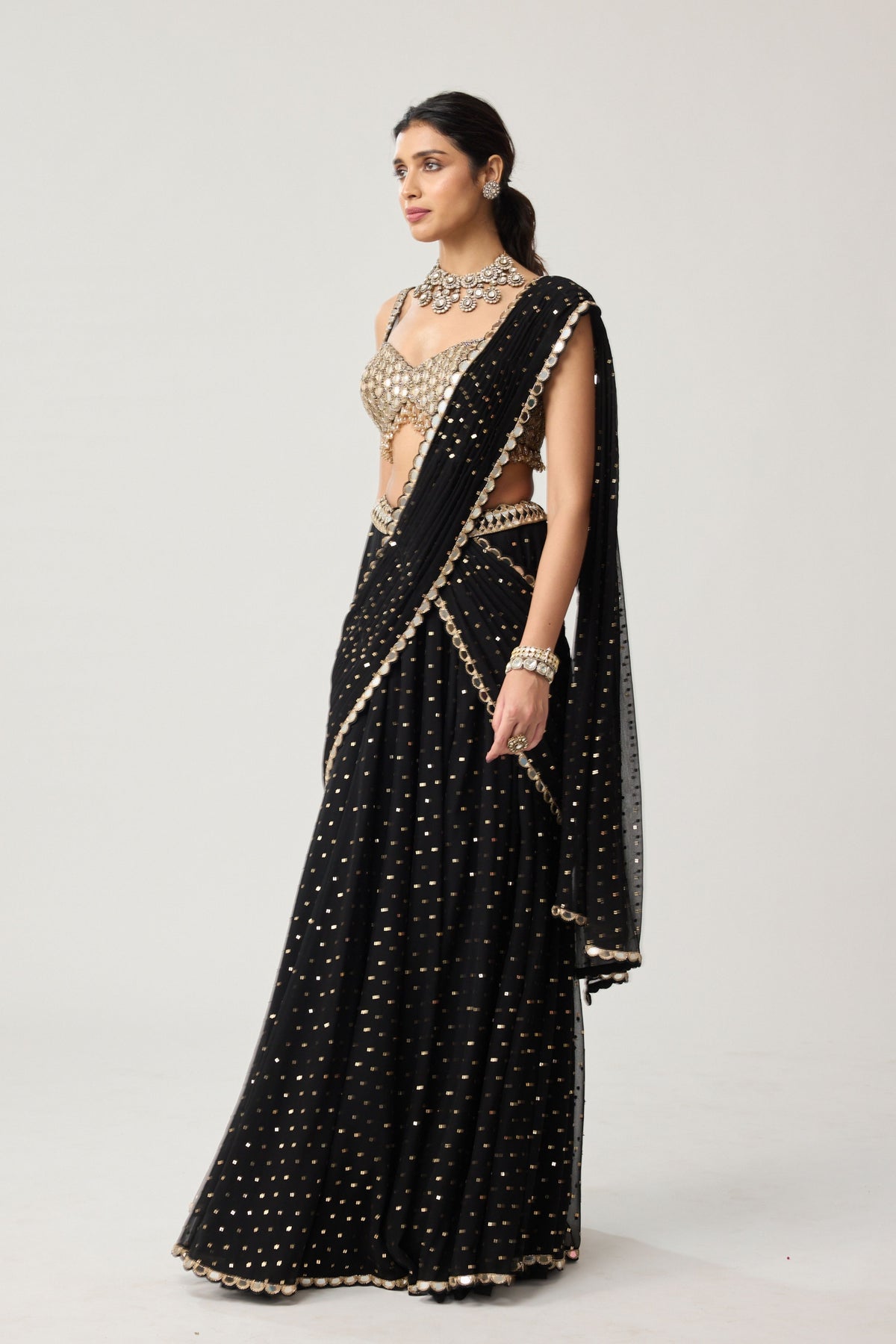Black Flared Pants Draped Saree Set