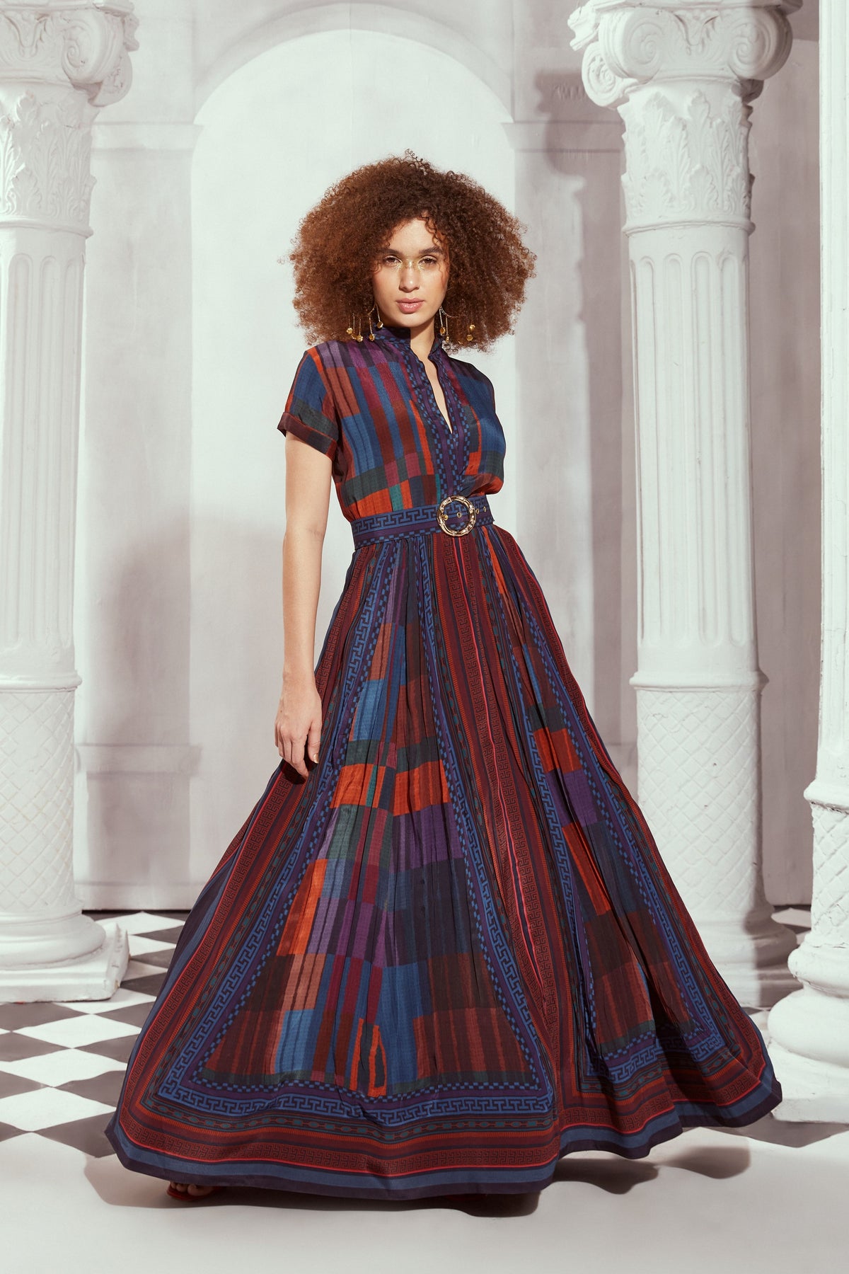 Tangerine Tile Print Long Dress With  Belt