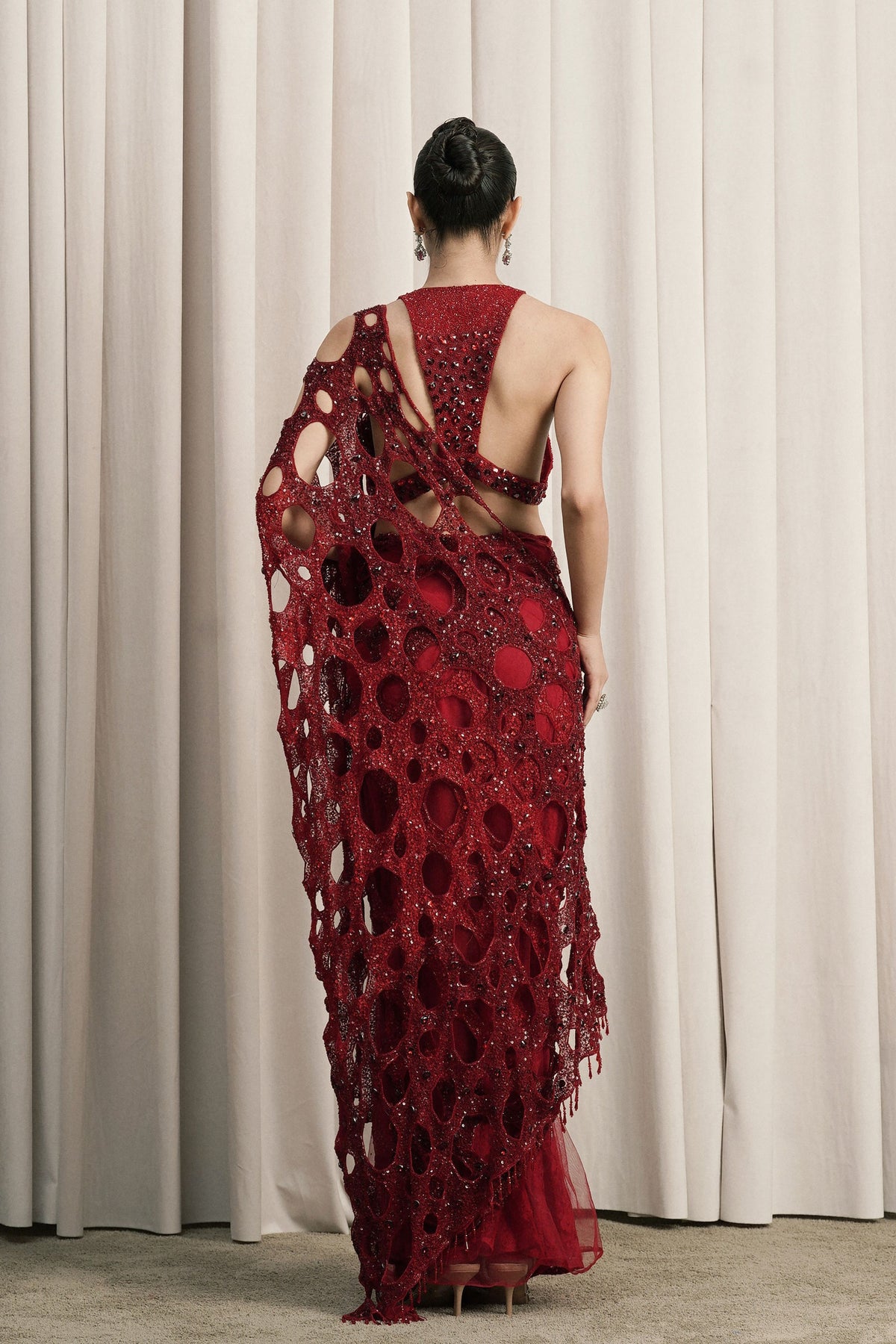 Red Teardrop Crystal Net Saree Set
