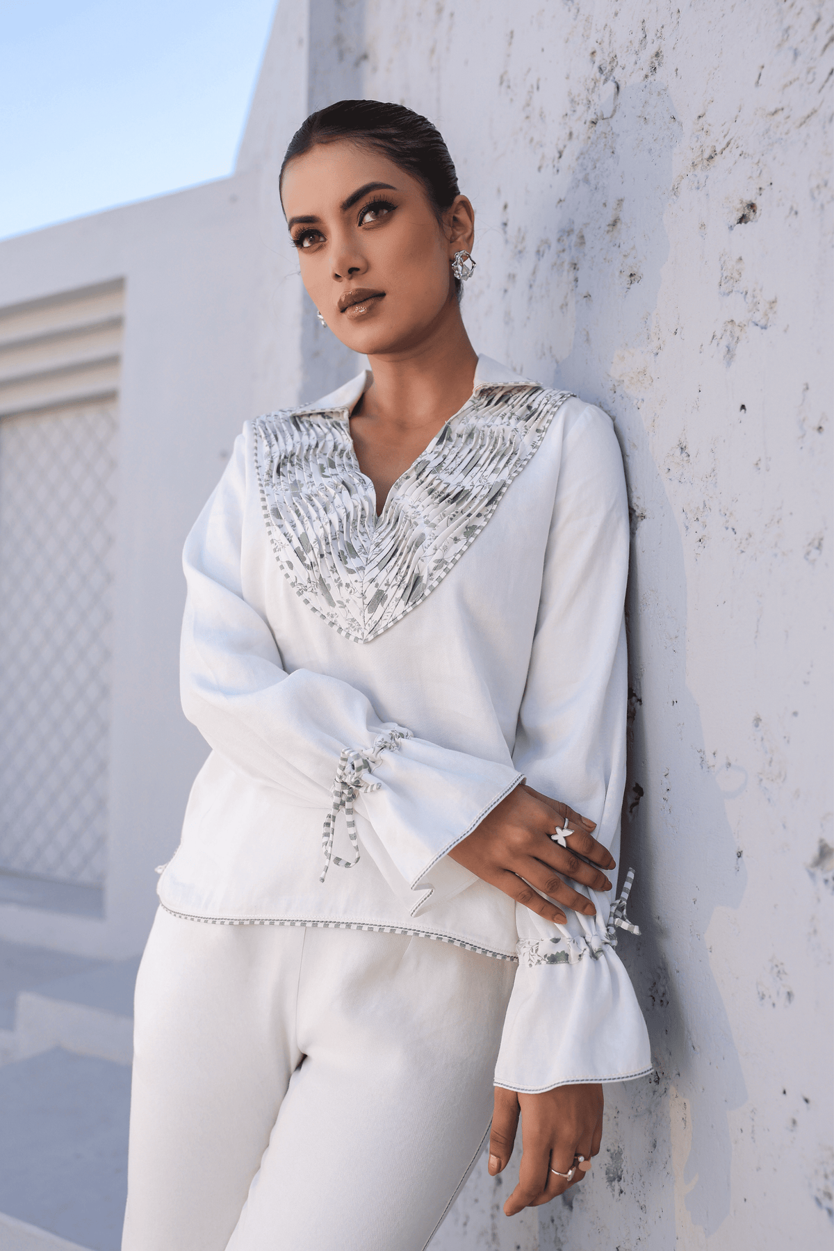 Azure Pintuck V Neck Top in White