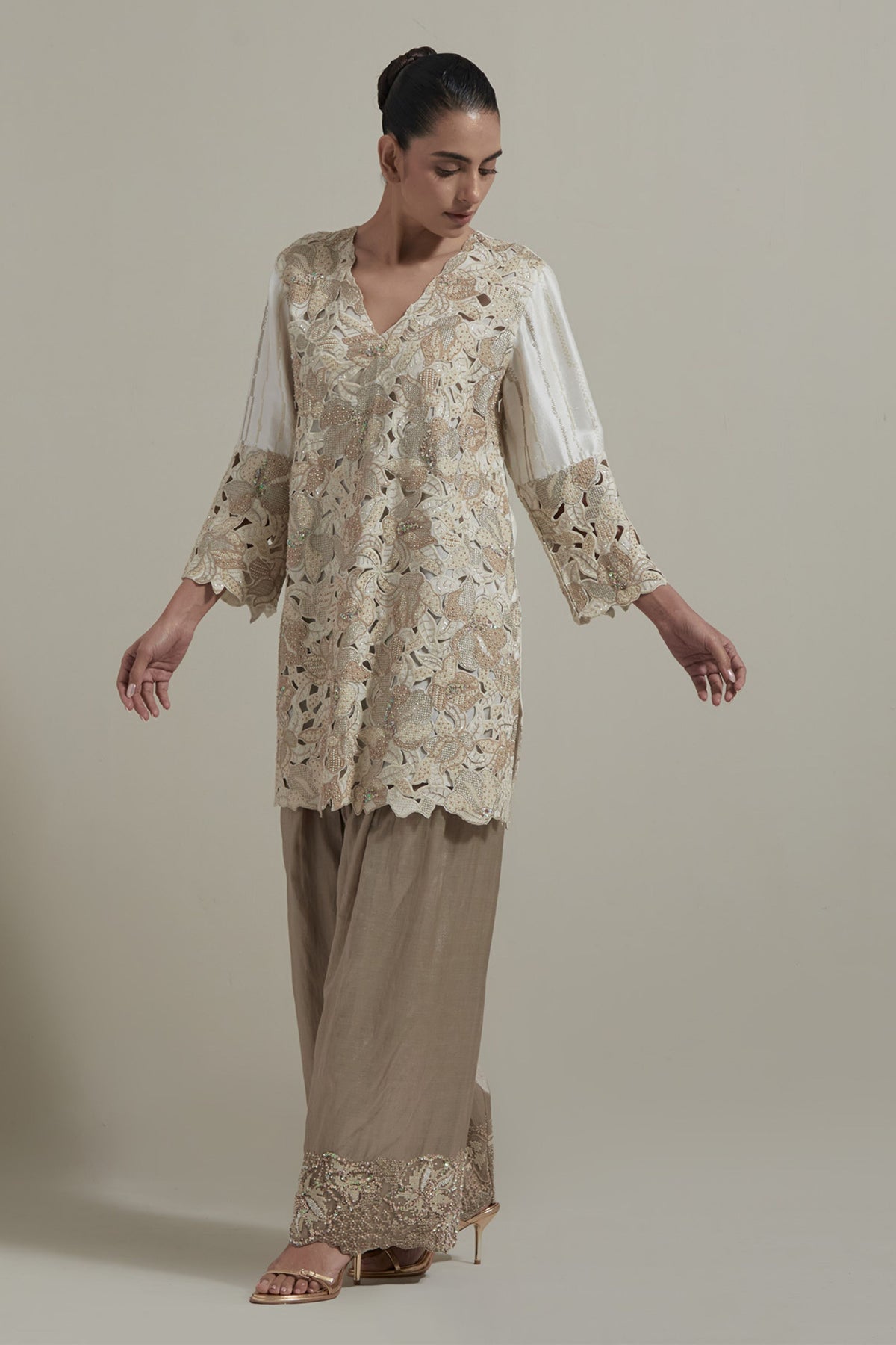 Beige Cutwork Kurta Set