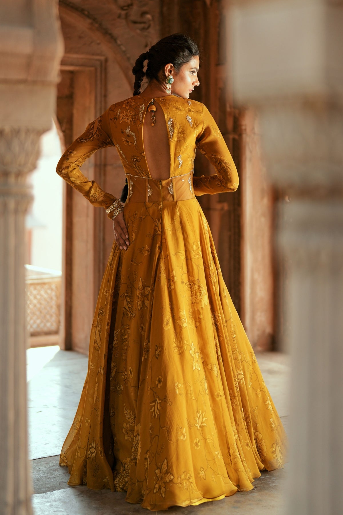 Golden Floral Organza Anarkali Set