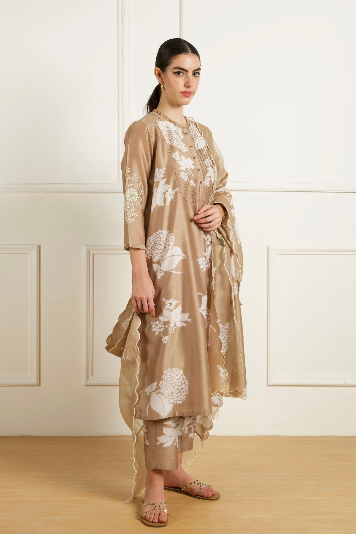Beige Pleated Yoke Kurta Set
