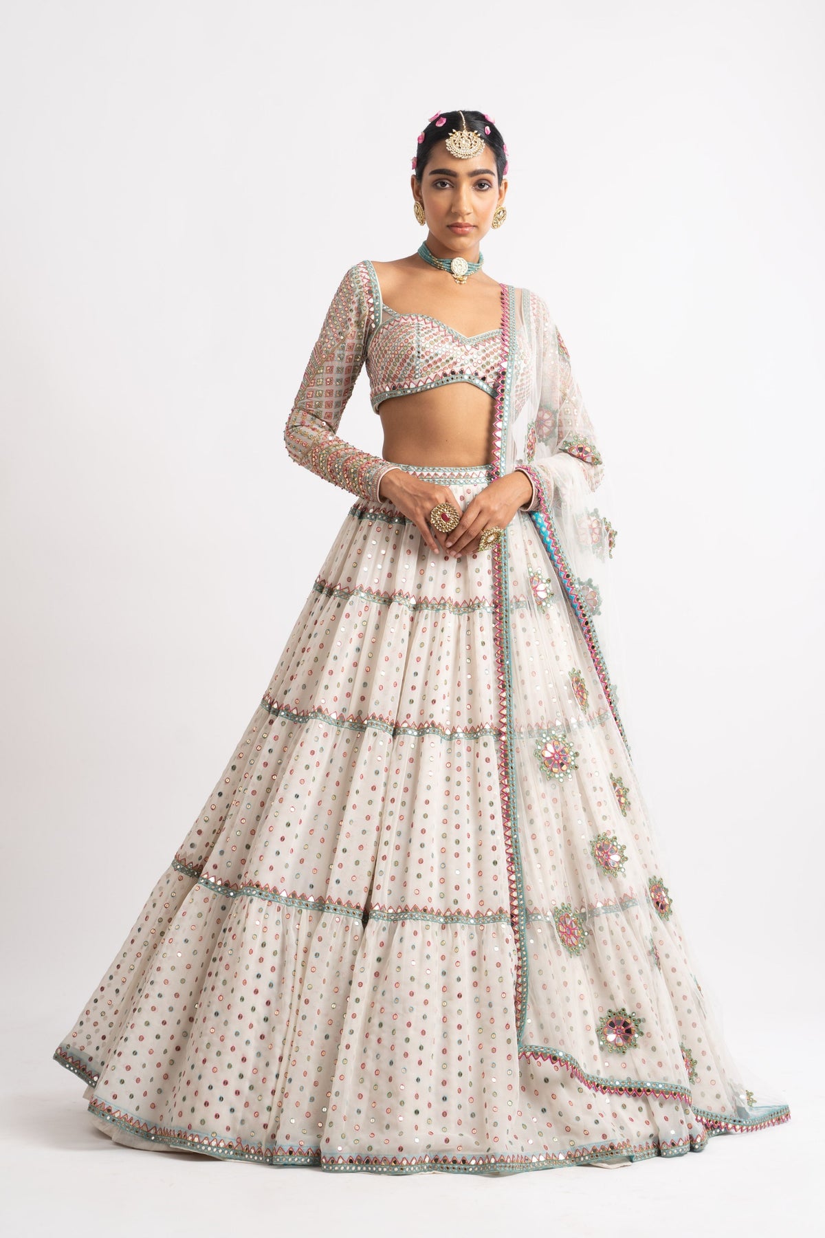 White multi tier lehenga