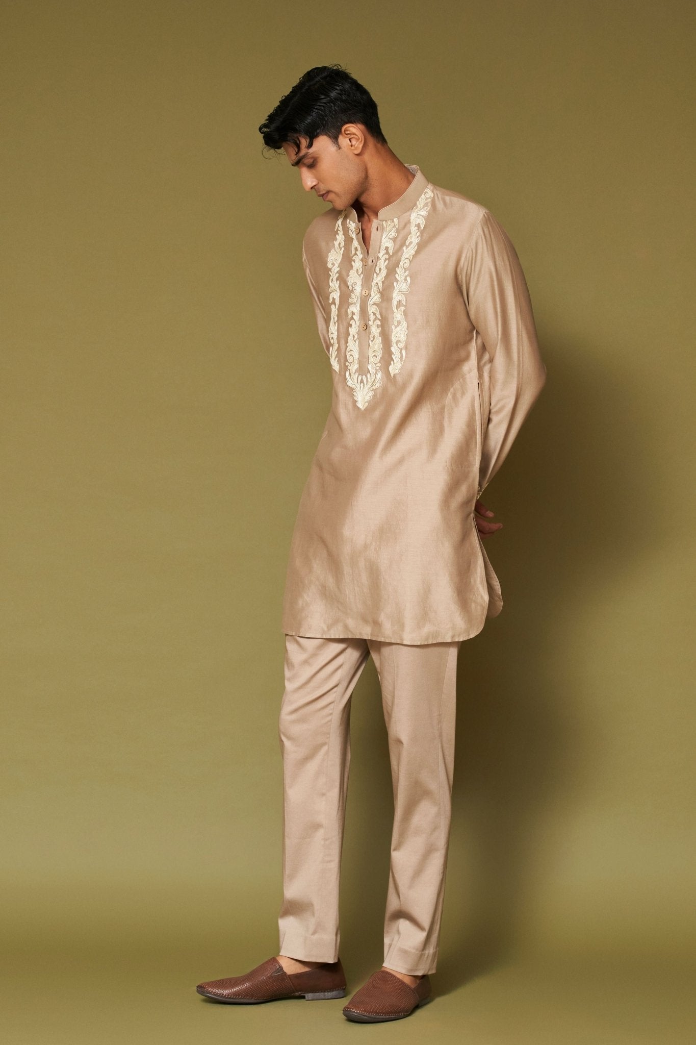 Sand Embroidered Chanderi Kurta Set - Devnaagri Menswear - Elahe