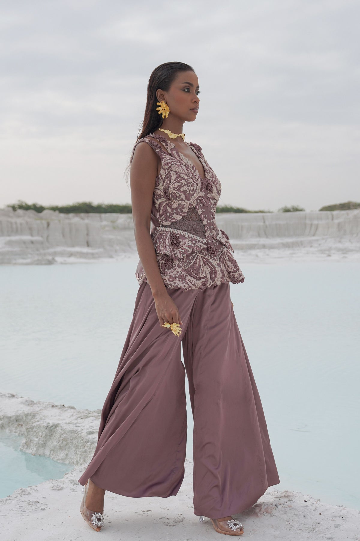 Pastel Purple Embroidered Palazzo Set