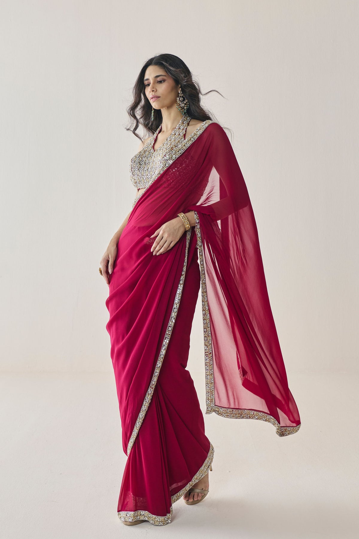 Elowen Berry Pre Stitched Saree Set