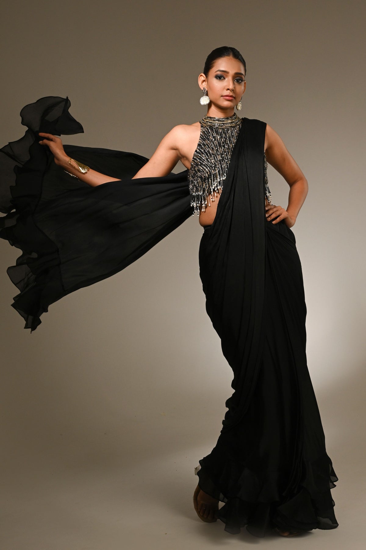 Midnight Layered Ruffle Saree Set