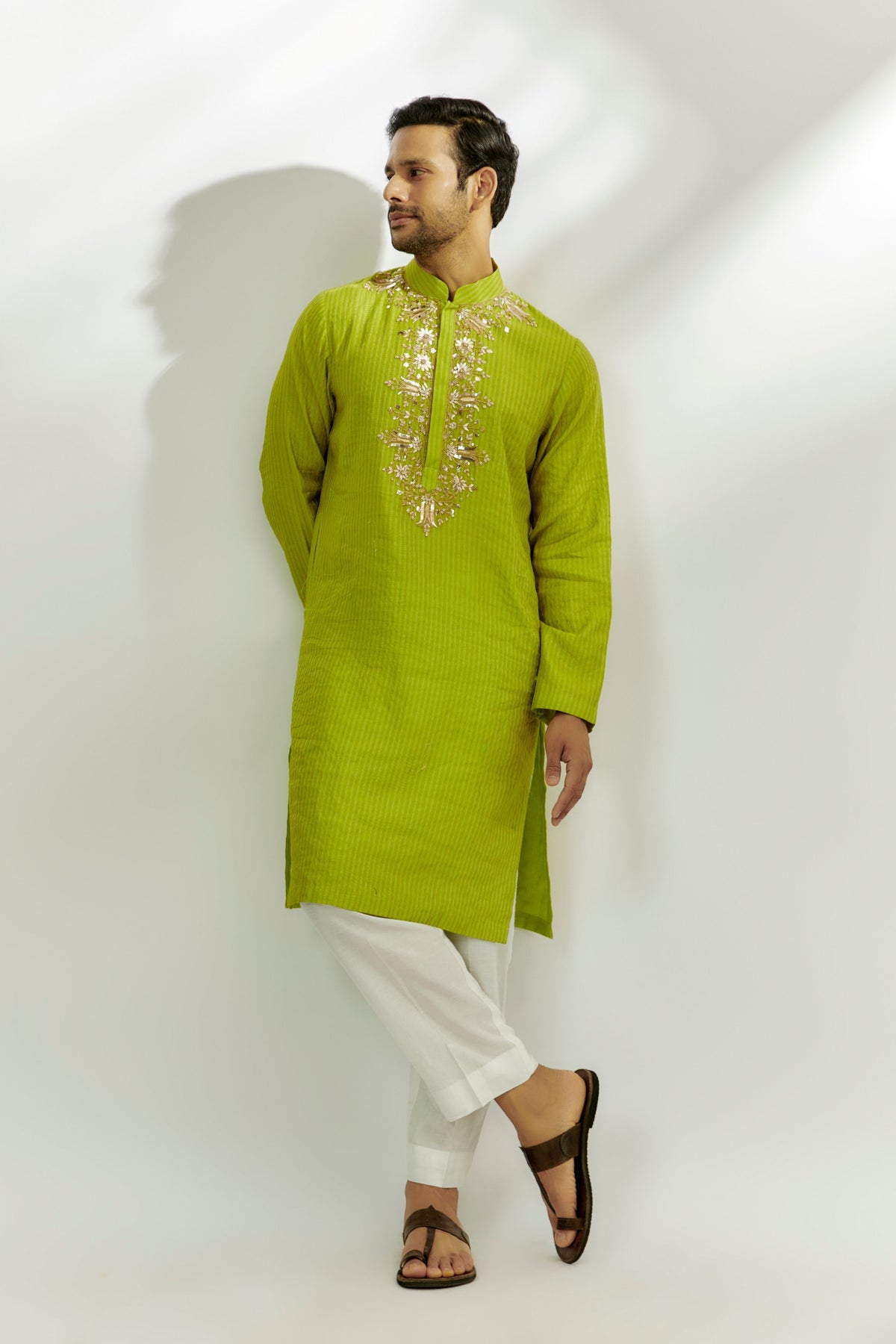 Lime Green Chanderi Silk Embroidered Kurta