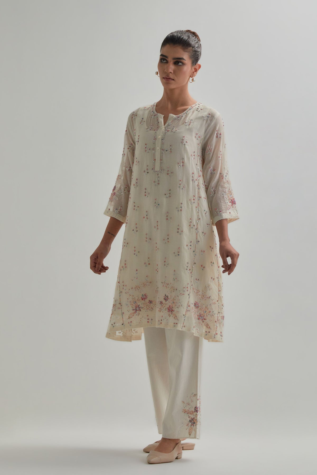 Pink Floral Short Kurta And Pants