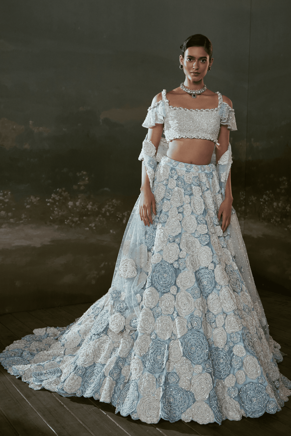 Powder Blue White Trail Lehenga Set