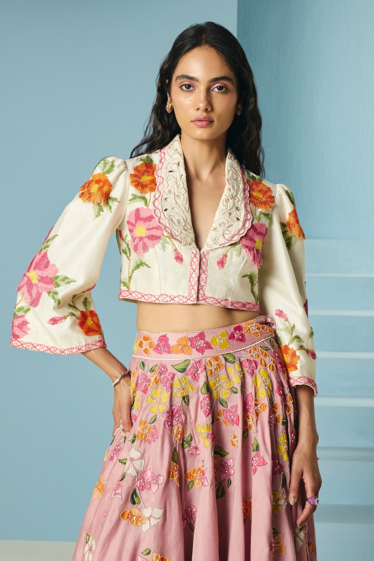 Blush Bougainvillea Layered Lehenga