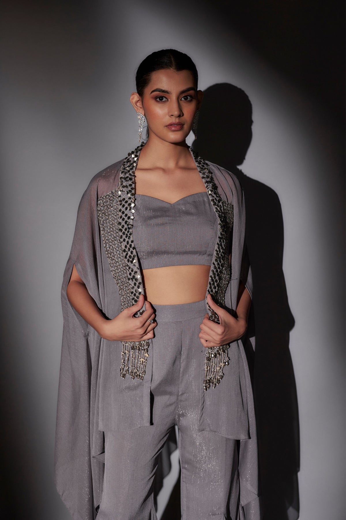 Grey Embroidered Sharara Cape Set