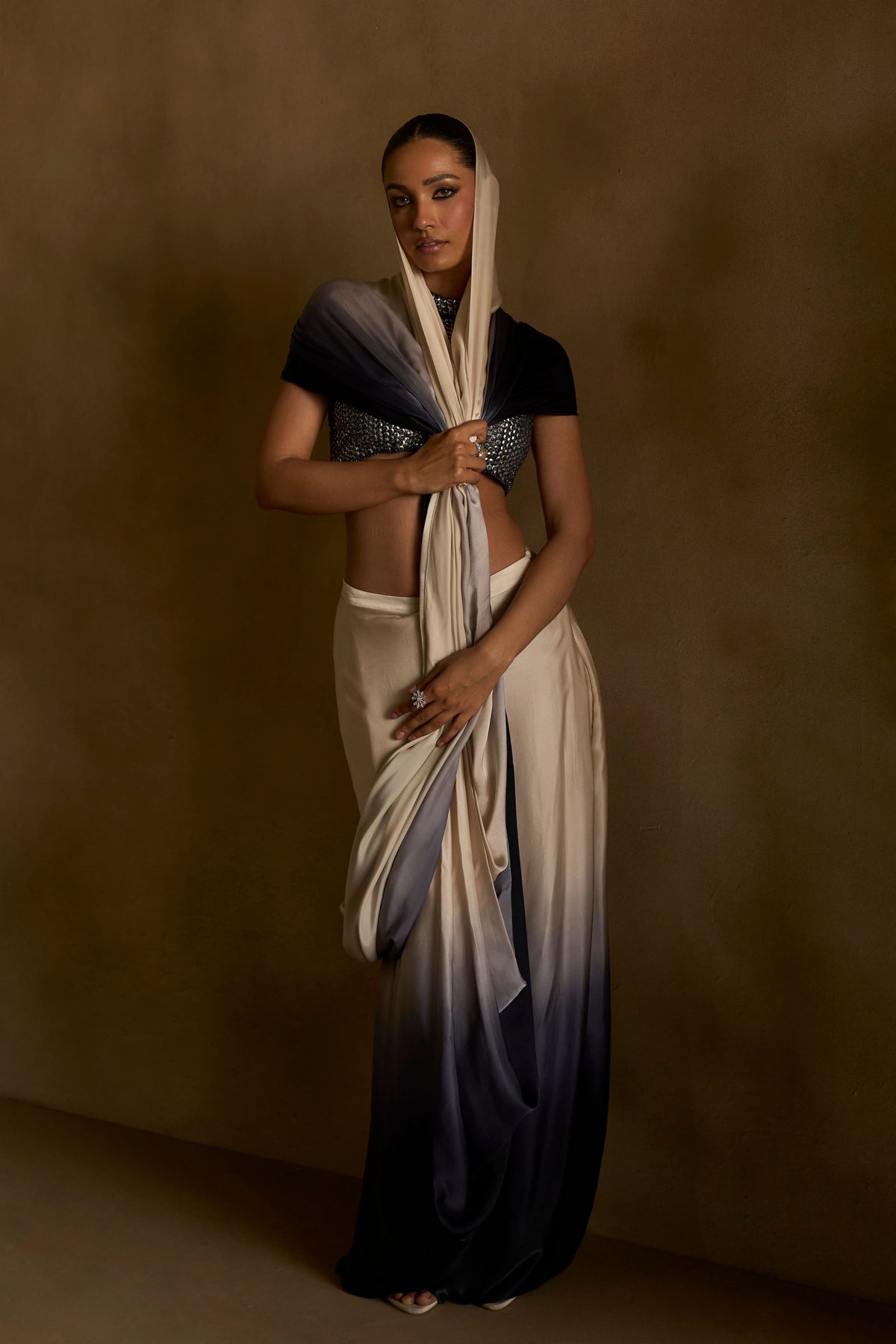 Ash Cloud Draped Saree Set