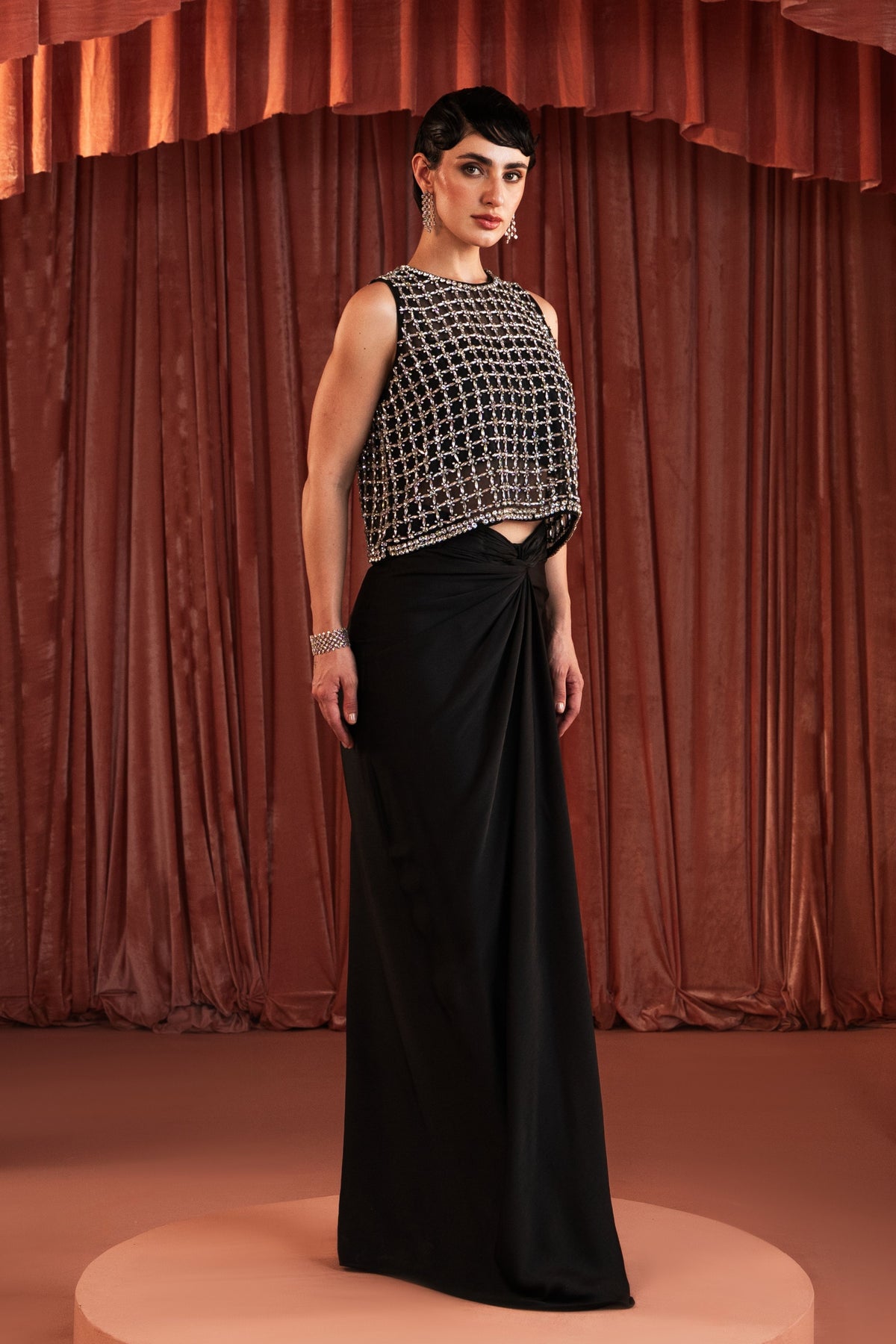 Black Sequin Draped Skirt Set