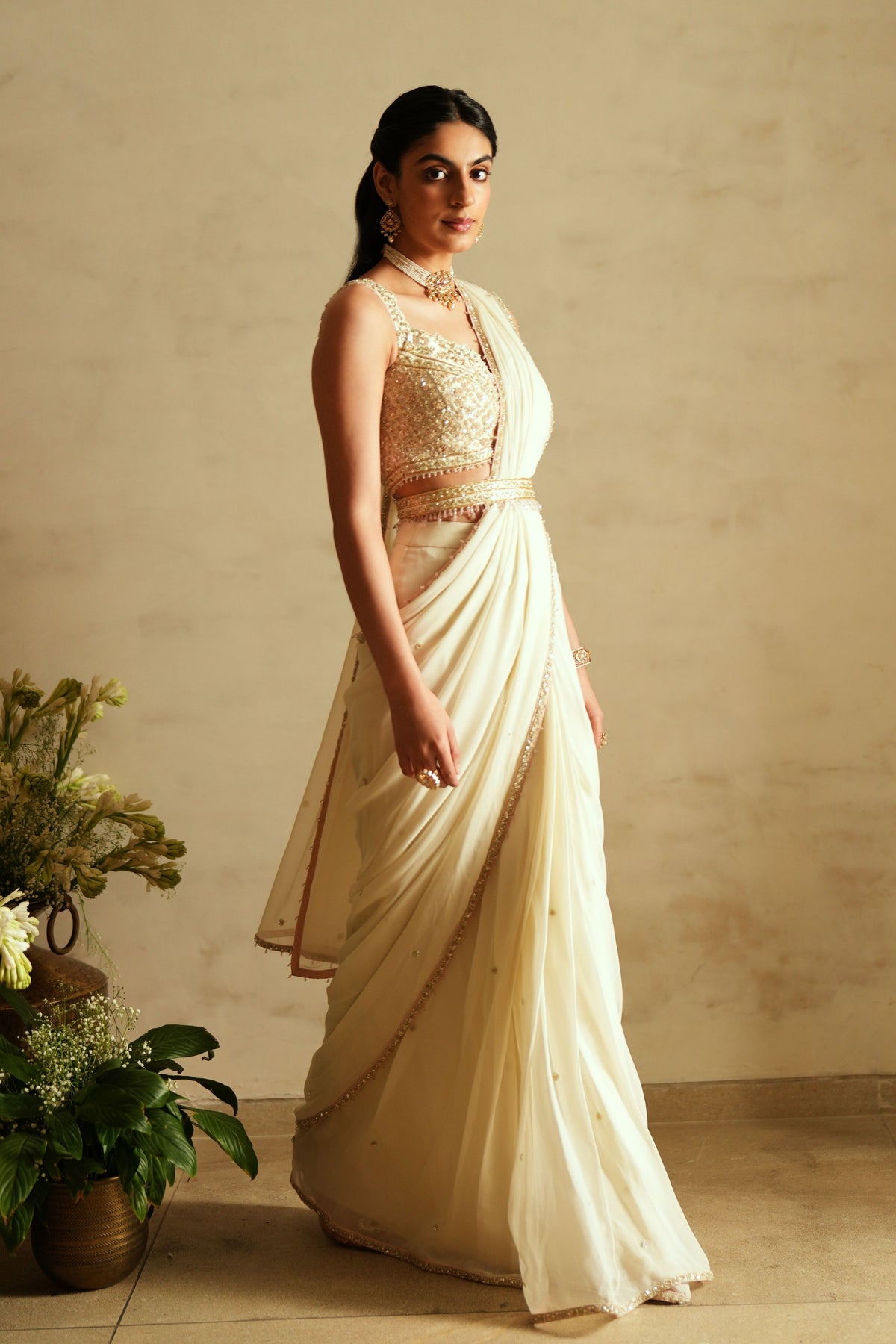 Chic Ivory Pre Draped Saree