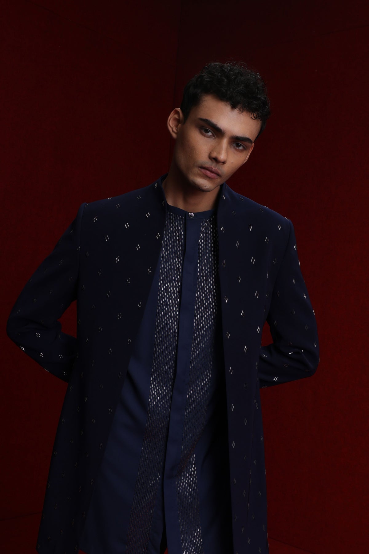 Navy Blue Open Style Indowestern Set