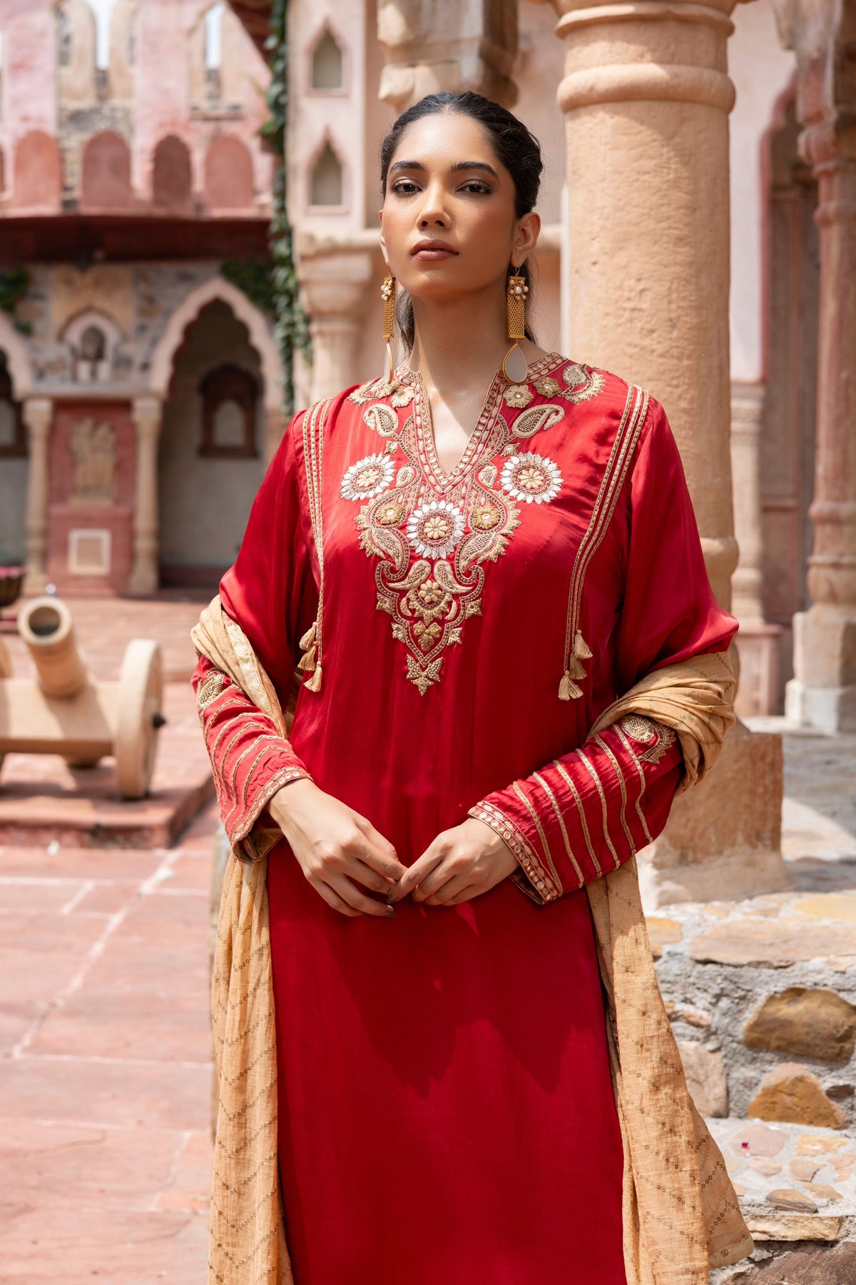 Red Embroidered Kurta Set